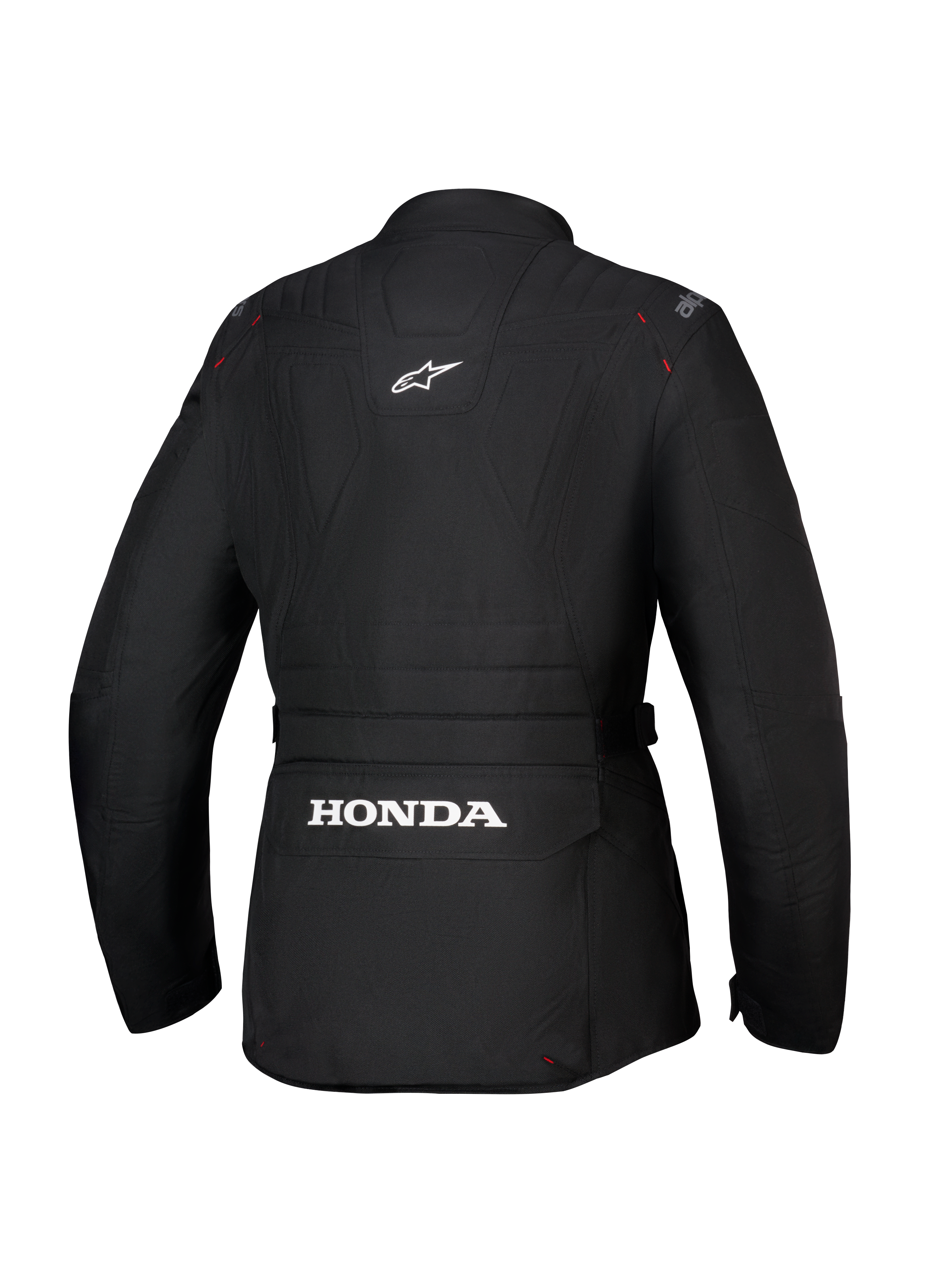 Alpinestars Honda Stella ST-1 WP Jacket, Women's Waterproof Motorcycle Jacket, Black, Rear view showing large white Honda logo on the lower back cargo pocket, Alpinestars logo on upper back, technical textile construction with adventure touring silhouette and red stitching details.