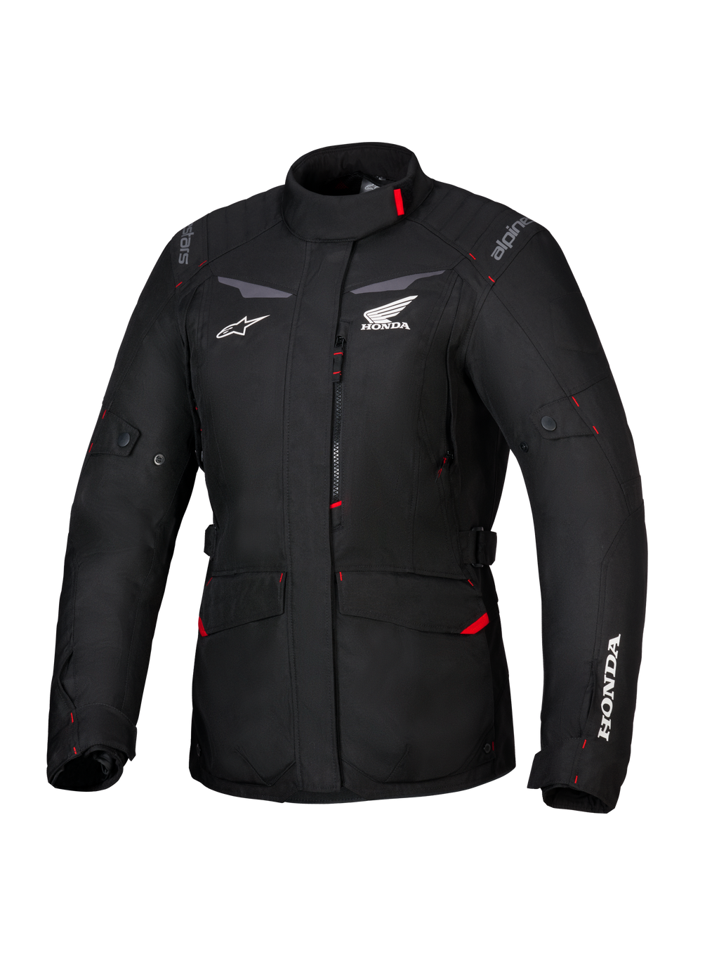 Honda Stella ST-1 WP Jacket, Women's Waterproof Touring Jacket, Black with red accents and white Honda logos, high collar, front zipper, expandable cargo pockets, durable textile adventure gear