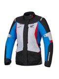 Alpinestars Honda Woman Stella ST-1 WP Jacket, Women's Waterproof Motorcycle Jacket, Ice Gray Blue and Black with Red accents, high collar and front zipper, Honda and Alpinestars logos on chest and sleeves, durable adventure touring textile jacket
