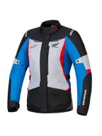 Alpinestars Honda Woman Stella ST-1 WP Jacket, Women's Waterproof Motorcycle Jacket, Ice Gray Blue and Black with Red accents, high collar and front zipper, Honda and Alpinestars logos on chest and sleeves, durable adventure touring textile jacket