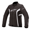 Alpinestars Stella T-Kira V2 Waterproof Jacket, Women's Textile Motorcycle Jacket, Black and White, featuring a high collar, central zipper, white chest logo, and curved white stripes on the sides, sporty road-riding design.