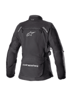 Alpinestars Women Stella Bogota' Pro Drystar® Jacket, Black, Rear view of textile adventure touring jacket featuring a large white Astar logo, lower back storage pocket with branding, and reflective shoulder accents