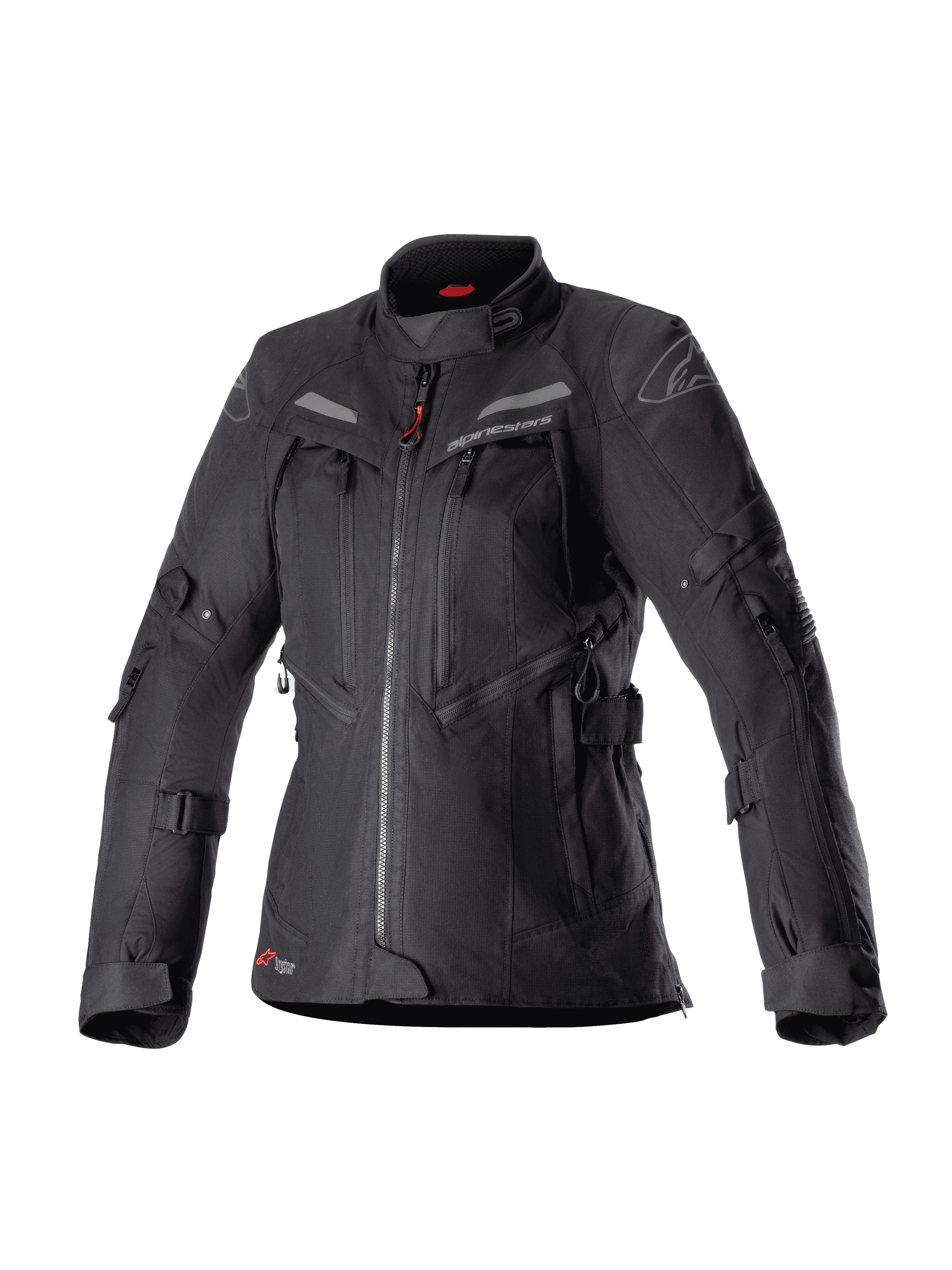 Alpinestars Women Stella Bogota Pro Drystar Jacket, Black adventure touring motorcycle jacket, waterproof textile construction with multiple front zippers and ventilation panels, adjustable straps on sleeves and waist, subtle red accents and Alpinestars branding.