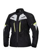 Alpinestars Stella Bogota Pro Drystar Jacket, Women's Motorcycle Touring Jacket, Black with Ice Gray and Yellow Fluo accents, waterproof and breathable textile construction, featuring extensive ventilation zippers and adjustable straps for adventure riding