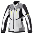 Alpinestars Women Stella Bogota Pro Drystar Jacket, Motorcycle Touring Jacket, Ice Gray and Dark Gray with White and Neon Yellow accents, waterproof textile construction with adjustable straps and ventilation zippers, front view on white background
