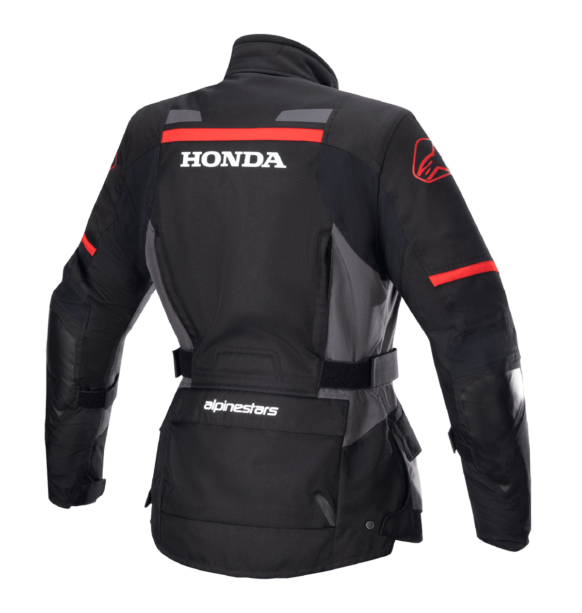 Casaco Alpinestars Stella Honda Andes V3 Drystar® para Mulher, casaco de motociclismo de aventura, preto, cinzento e vermelho vivo, vista traseira com logótipo HONDA branco em destaque e grafismos Alpinestars em vermelho, construção têxtil impermeável com cintura ajustável e bolsos utilitários