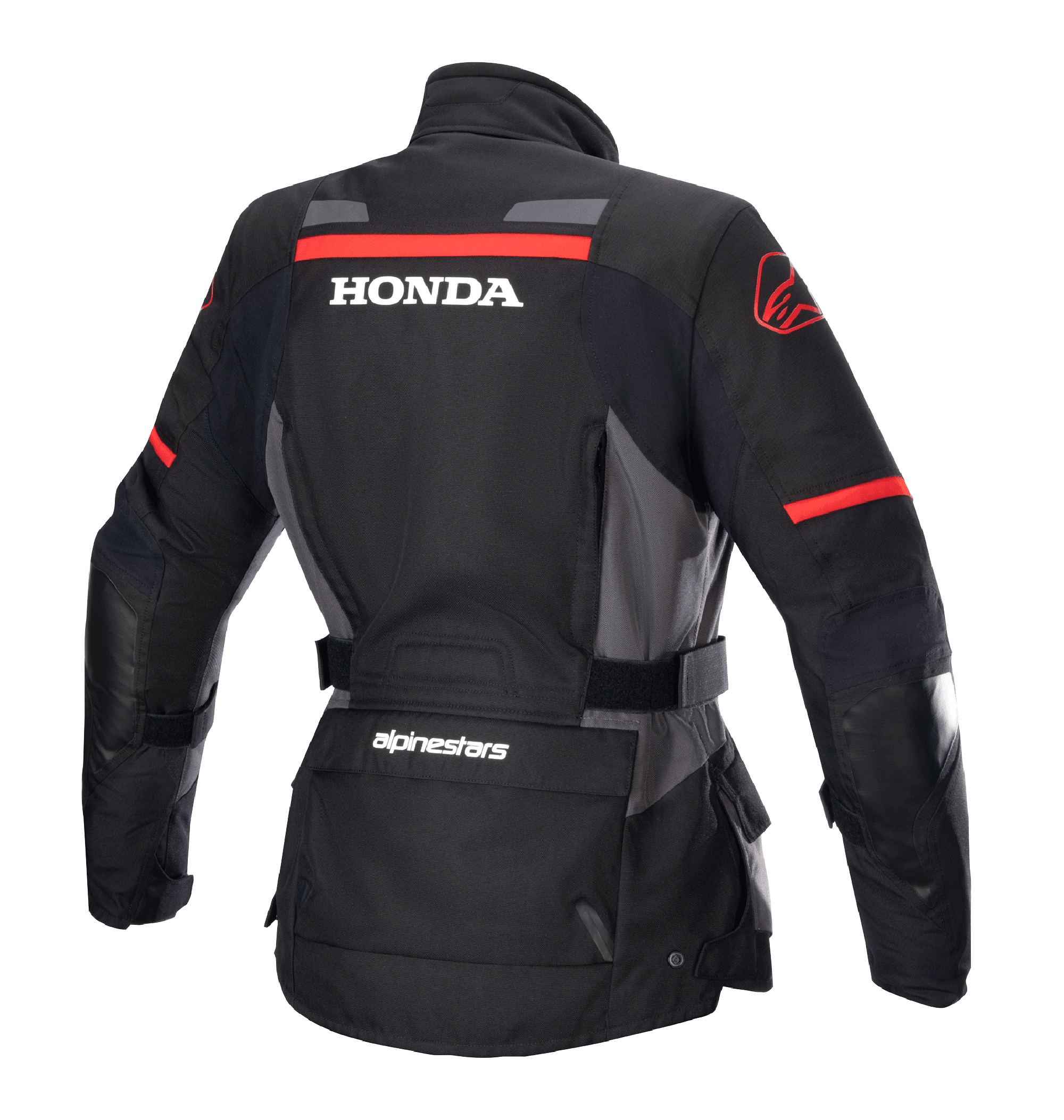 Casaco Alpinestars Stella Honda Andes V3 Drystar® para Mulher, casaco de motociclismo de aventura, preto, cinzento e vermelho vivo, vista traseira com logótipo HONDA branco em destaque e grafismos Alpinestars em vermelho, construção têxtil impermeável com cintura ajustável e bolsos utilitários