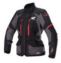 Alpinestars Stella Honda Andes V3 Drystar, casaco de touring para mulher, preto e cinzento com detalhes em vermelho vivo, com logótipo Honda Wing no peito, fechos de correr vermelhos, ajustes na cintura e nos braços, e construção impermeável durável