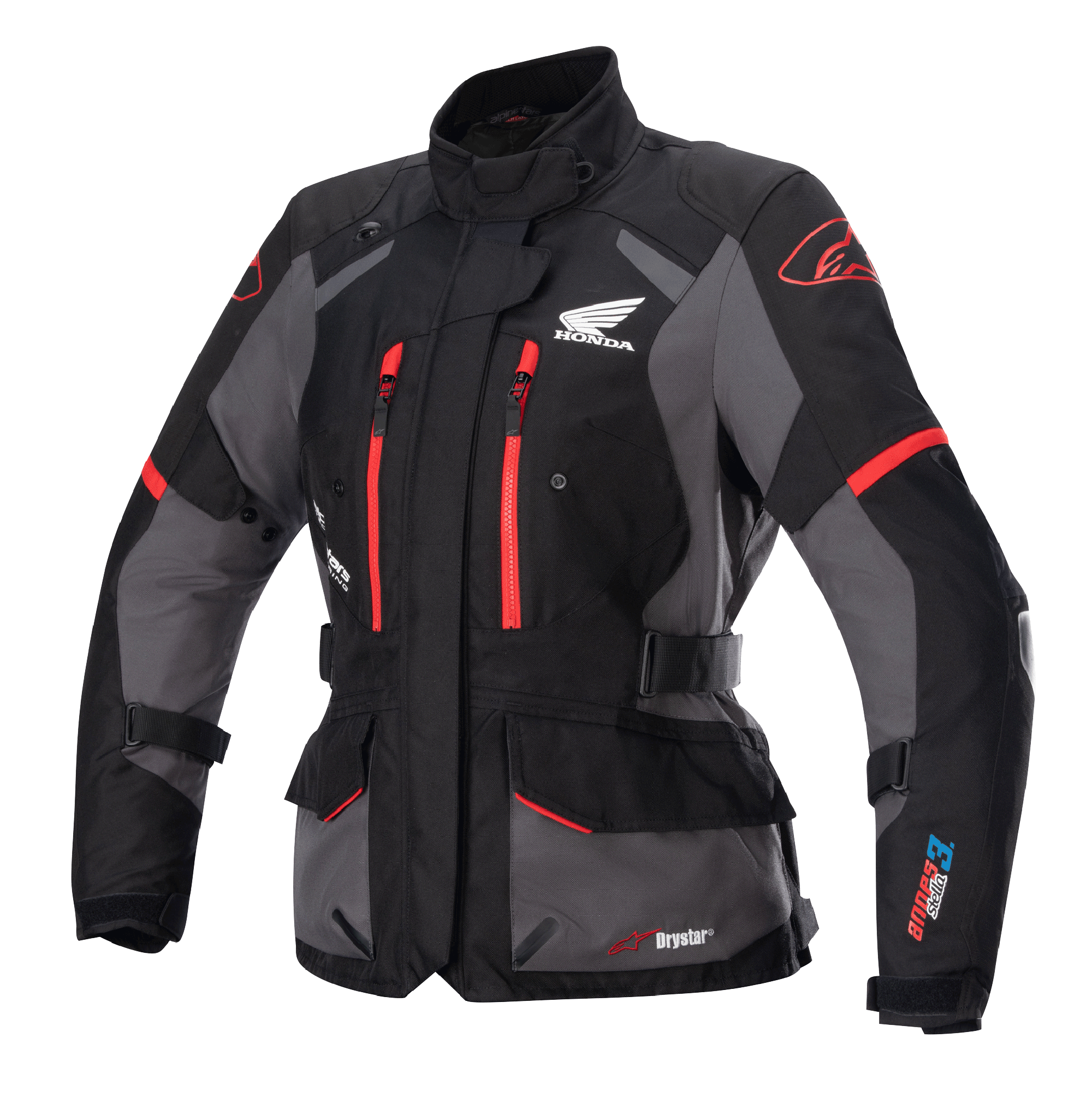 Alpinestars Stella Honda Andes V3 Drystar, casaco de touring para mulher, preto e cinzento com detalhes em vermelho vivo, com logótipo Honda Wing no peito, fechos de correr vermelhos, ajustes na cintura e nos braços, e construção impermeável durável