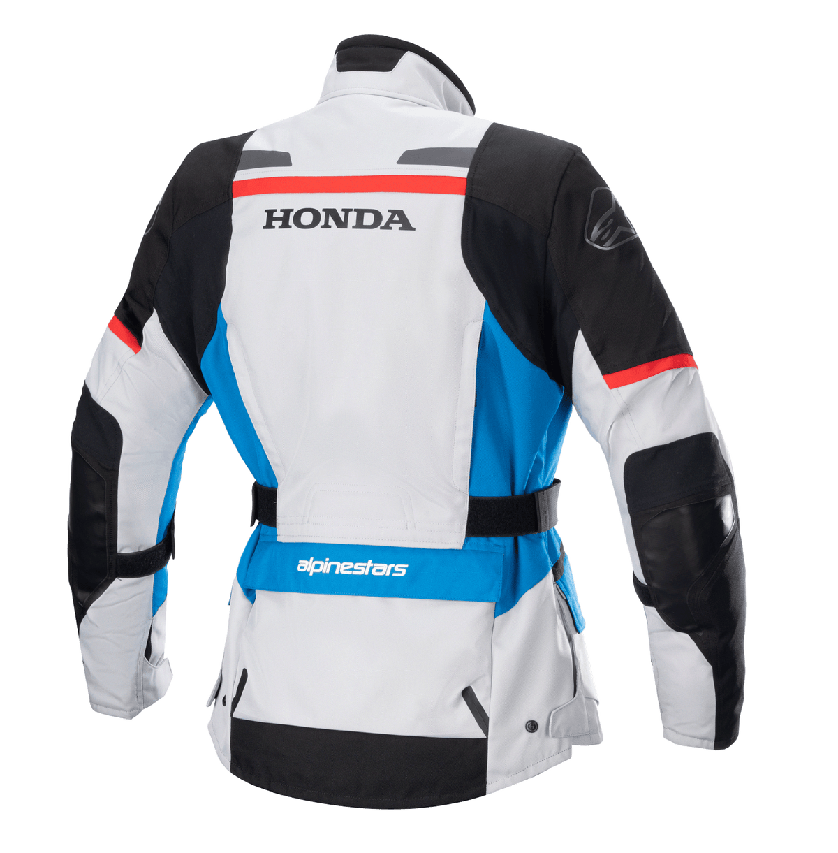 Casaco Alpinestars Stella Honda Andes V3 Drystar® Feminino, vista traseira, cinzento gelo com pormenores em azul e vermelho vivo, marca HONDA preta em destaque nas costas, logótipo Alpinestars no ombro e na zona lombar, cinto de ajuste na cintura, casaco de motociclismo têxtil para touring e aventura
