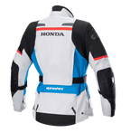 Casaco Alpinestars Stella Honda Andes V3 Drystar® Feminino, vista traseira, cinzento gelo com pormenores em azul e vermelho vivo, marca HONDA preta em destaque nas costas, logótipo Alpinestars no ombro e na zona lombar, cinto de ajuste na cintura, casaco de motociclismo têxtil para touring e aventura