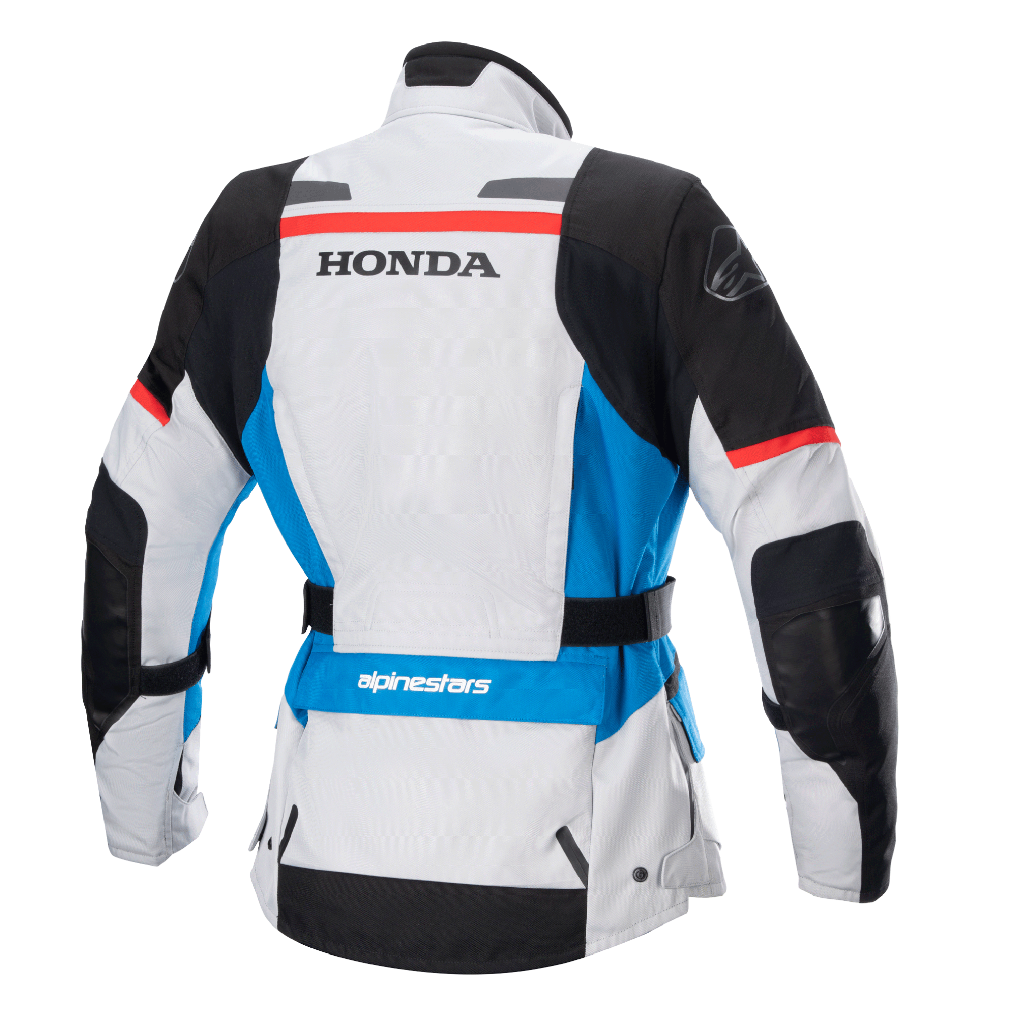 Casaco Alpinestars Stella Honda Andes V3 Drystar® Feminino, vista traseira, cinzento gelo com pormenores em azul e vermelho vivo, marca HONDA preta em destaque nas costas, logótipo Alpinestars no ombro e na zona lombar, cinto de ajuste na cintura, casaco de motociclismo têxtil para touring e aventura