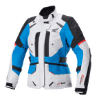 Casaco Alpinestars Stella Honda Andes V3 Drystar para mulher, casaco de motociclismo touring, cinzento ice, azul e vermelho vivo, construção têxtil impermeável com logótipo da asa da Honda, aberturas de ventilação com fecho de correr, correias de ajuste na cintura