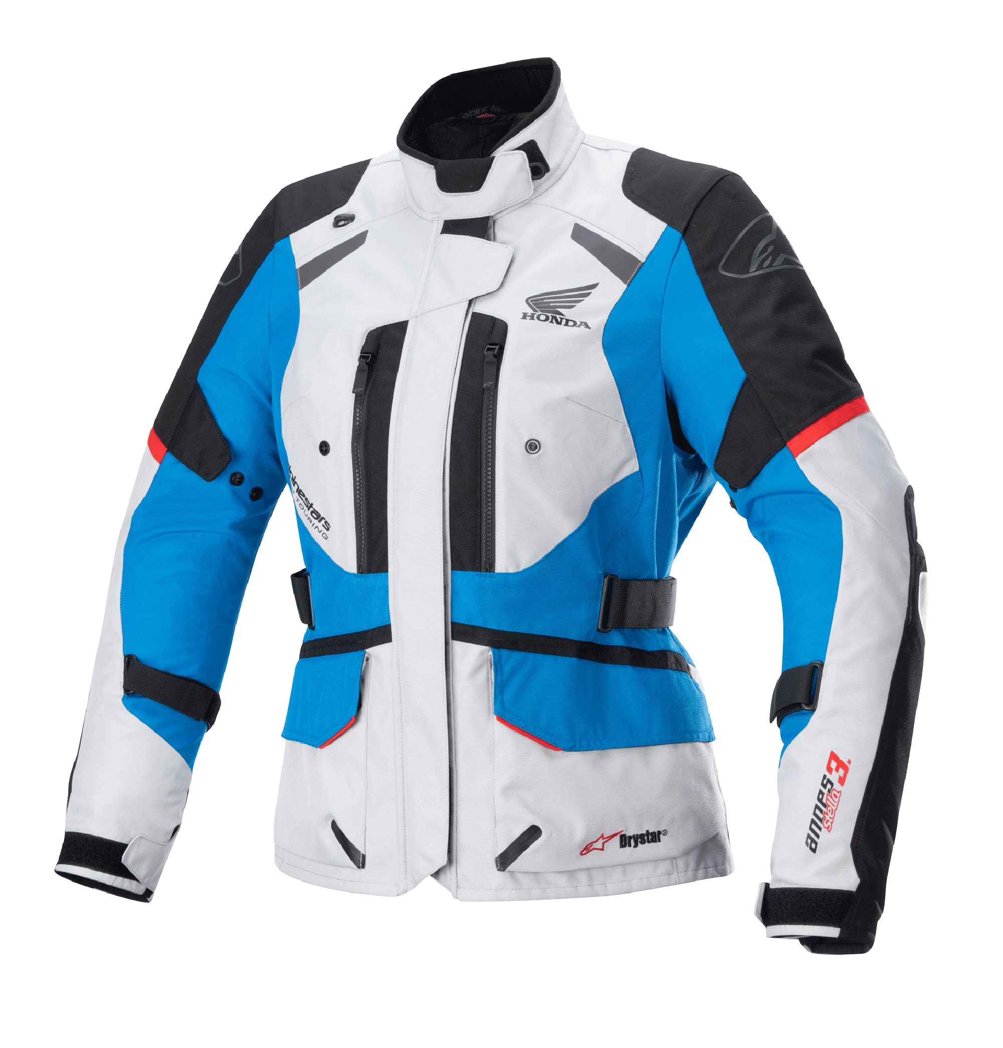 Casaco Alpinestars Stella Honda Andes V3 Drystar para mulher, casaco de motociclismo touring, cinzento ice, azul e vermelho vivo, construção têxtil impermeável com logótipo da asa da Honda, aberturas de ventilação com fecho de correr, correias de ajuste na cintura