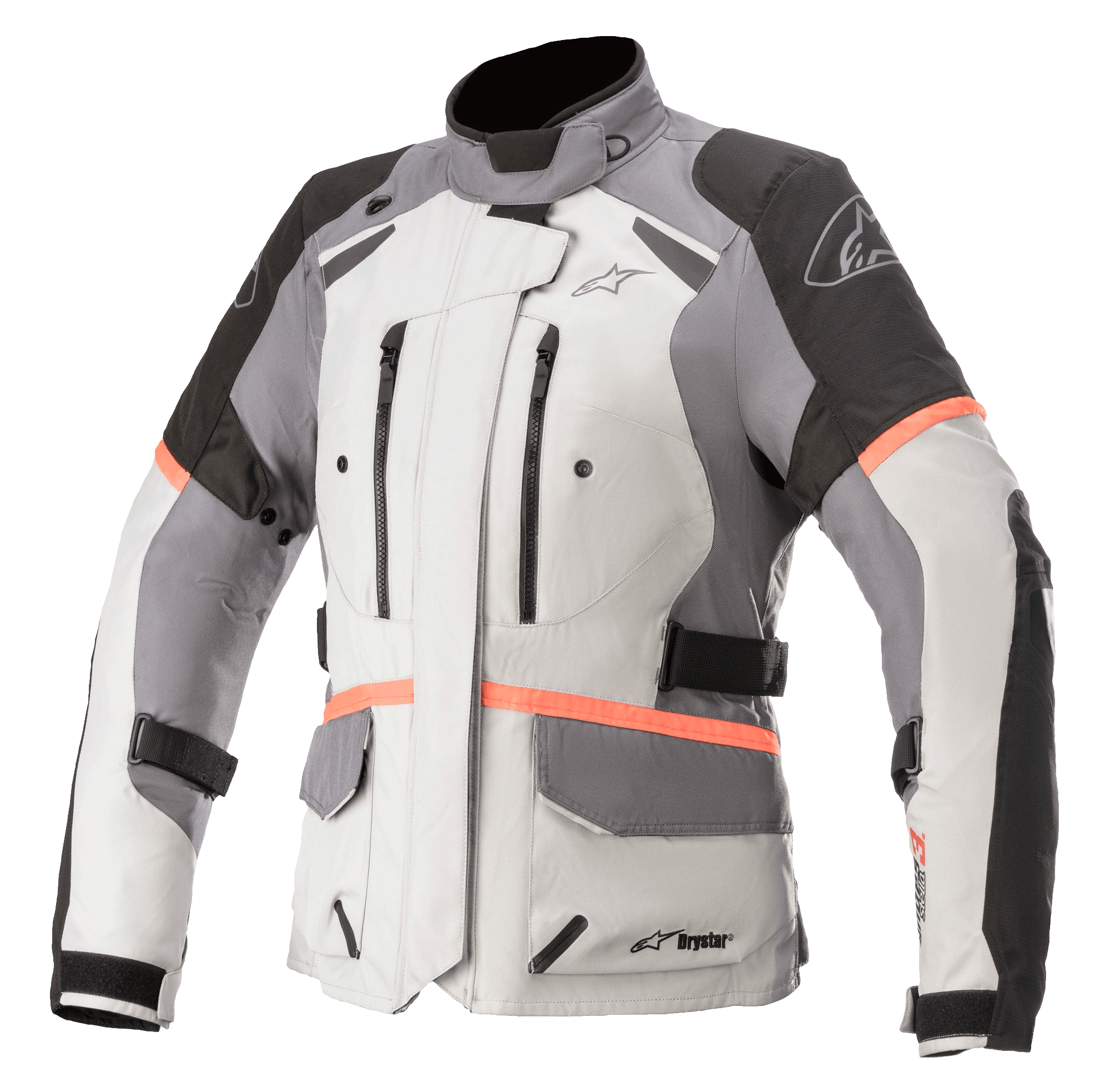 Casaco Alpinestars Stella Andes V3 Drystar Feminino, casaco de motociclismo para turismo, cinzento gelo com painéis cinzento escuro e preto, pormenores em coral vivo, com entradas de ar no peito com fecho de correr, bolsos grandes com aba e alças de ajuste na cintura, construção em tecido técnico para aventura em todas as condições climatéricas