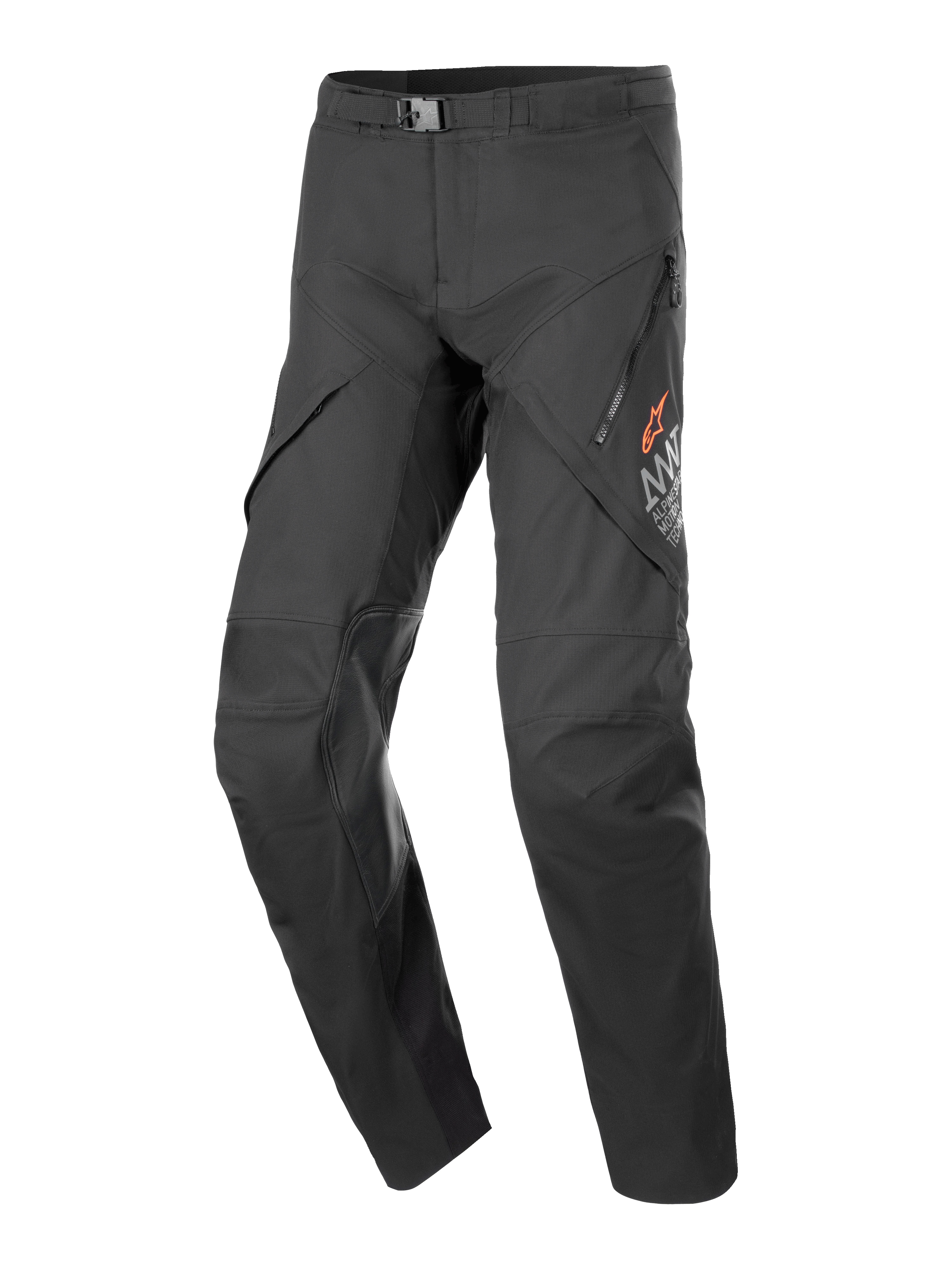 Alpinestars AMT-8 Stretch Drystar XF Pants, Black motorcycle touring pants, featuring zippered thigh ventilation ports, orange star logo branding, adjustable waist buckle, and reinforced knee panels, durable stretch performance fabric