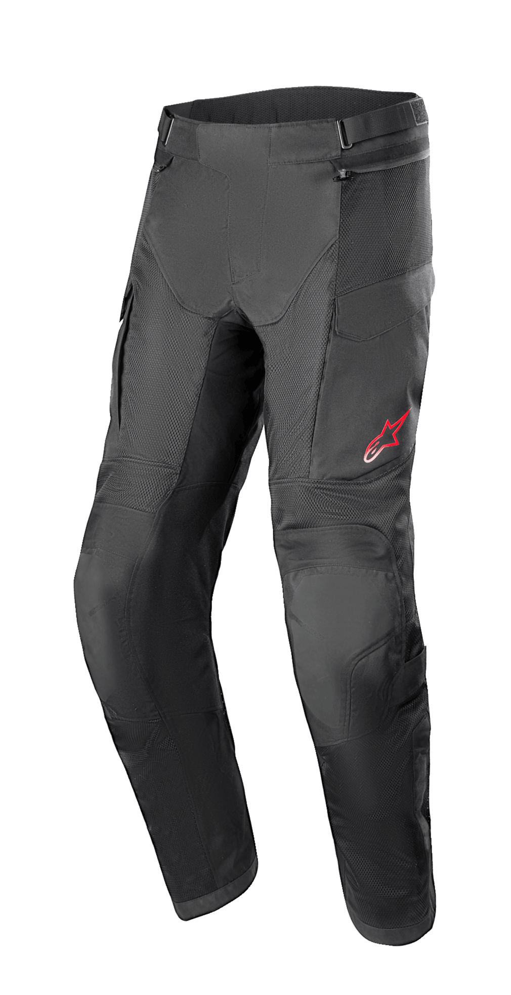Alpinestars Andes Air Drystar Pant - Short Length, calças de motociclismo para turismo, pretas, painéis de ventilação em malha, proteção reforçada nos joelhos, bolsos cargo, pequeno logótipo vermelho na coxa esquerda, tiras de ajuste na cintura