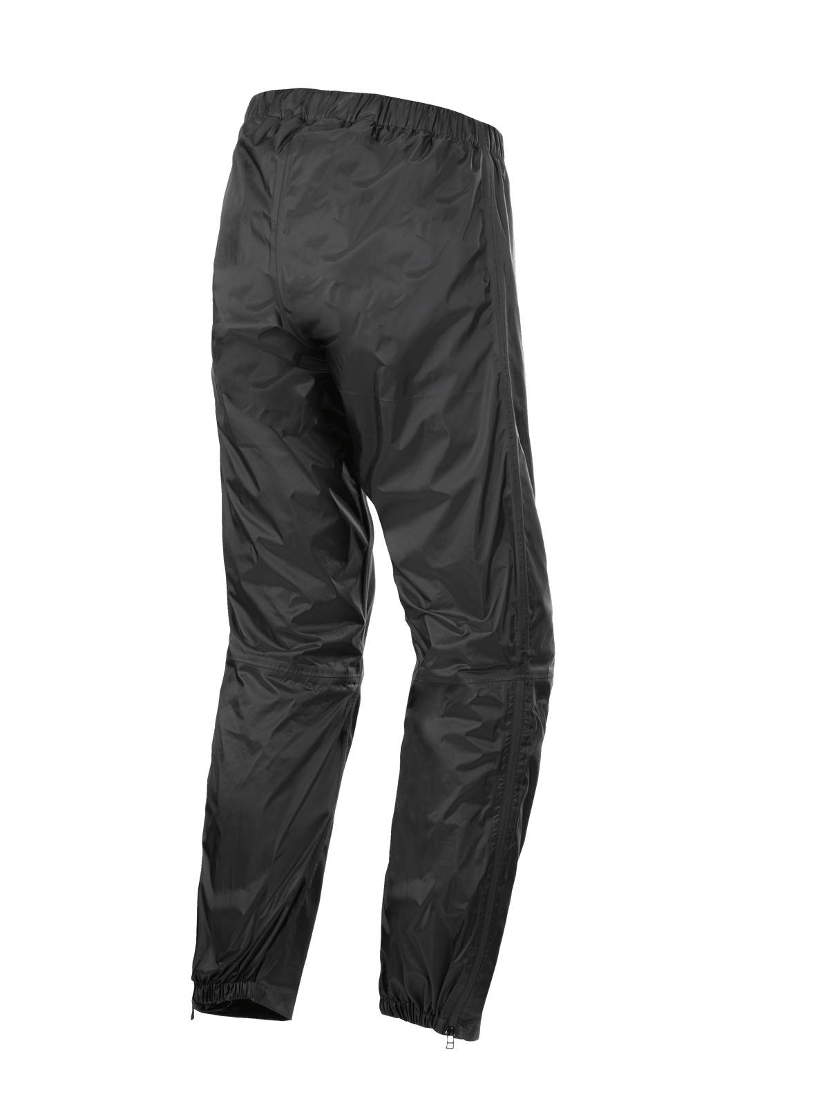 Alpinestars Hurricane Rain V2 Pant, Waterproof Motorcycle Overpants, Black, back view showing elasticated waistband and cuffs, lightweight wind-resistant laminated fabric with lower leg zippers for easy boot access, protective gear for road and adventure touring