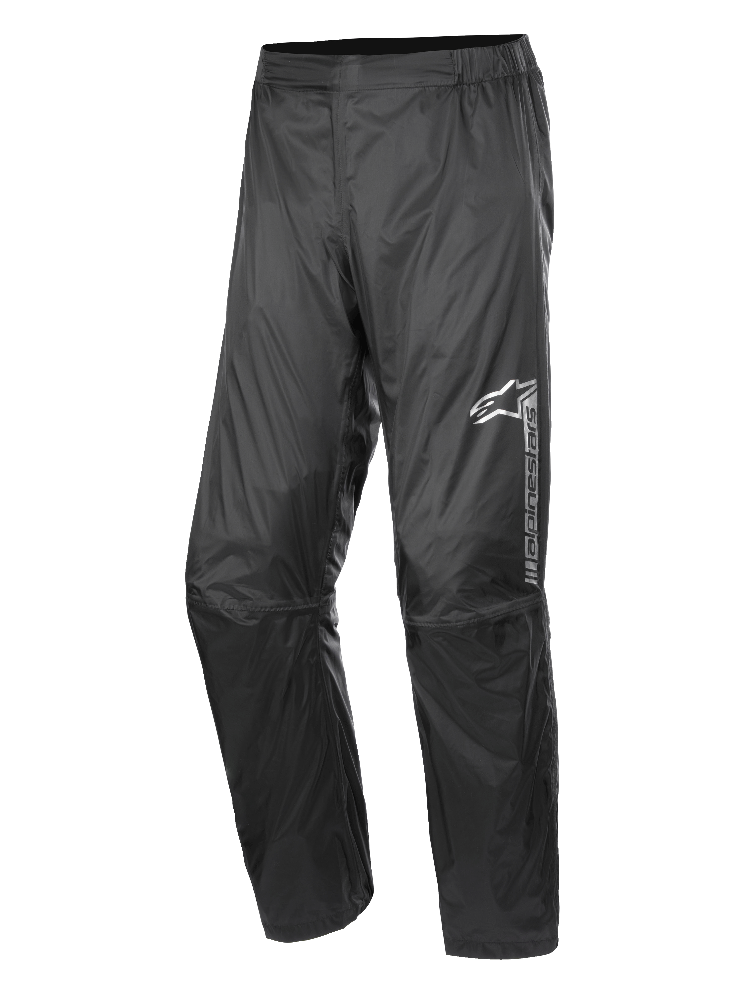 Alpinestars Hurricane Rain V2 Pant, Waterproof Motorcycle Rain Pants, Black, featuring reflective branding on the left thigh, elasticated waistband, ergonomic knee design, and shiny wind-resistant laminated fabric for road and adventure touring