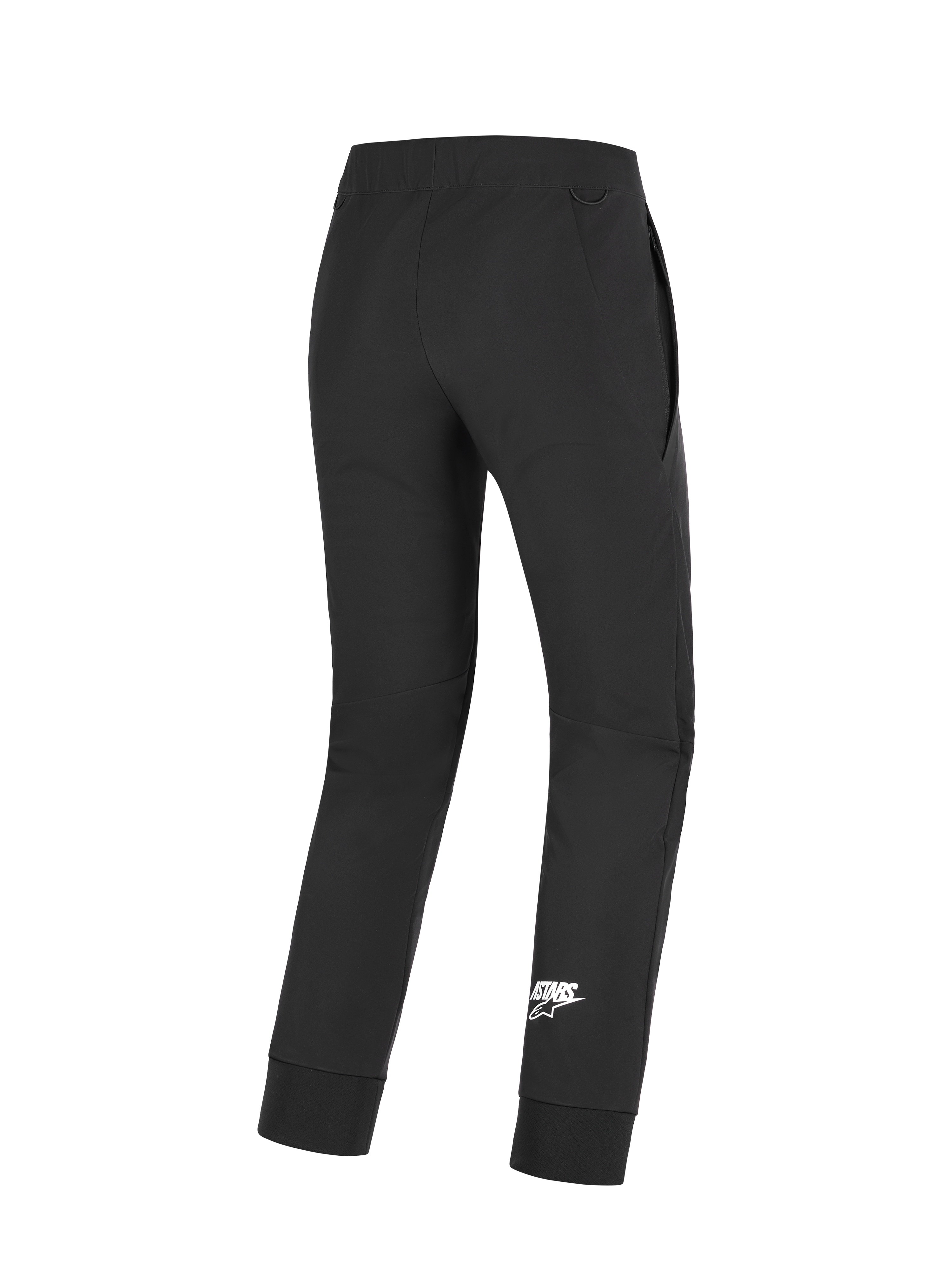 Alpinestars Aeroshell Pants, Motorcycle Pants, Black, rear view showing white Astars logo on lower leg, featuring stretch softshell fabric, pre-curved knees, and elastic cuffs