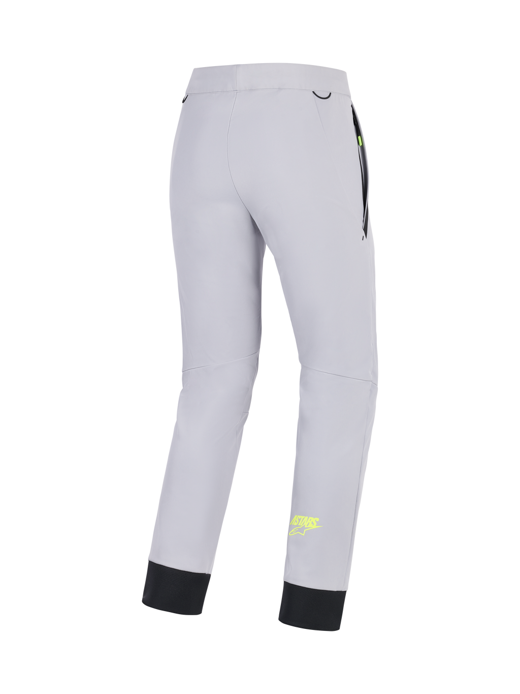 Alpinestars Calças Aeroshell, calças de moto softshell para homem, cinzentas com detalhes em amarelo fluo, vista traseira mostrando construção elástica e bainha inferior elástica
