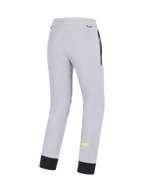 Alpinestars Calças Aeroshell, calças de moto softshell para homem, cinzentas com detalhes em amarelo fluo, vista traseira mostrando construção elástica e bainha inferior elástica