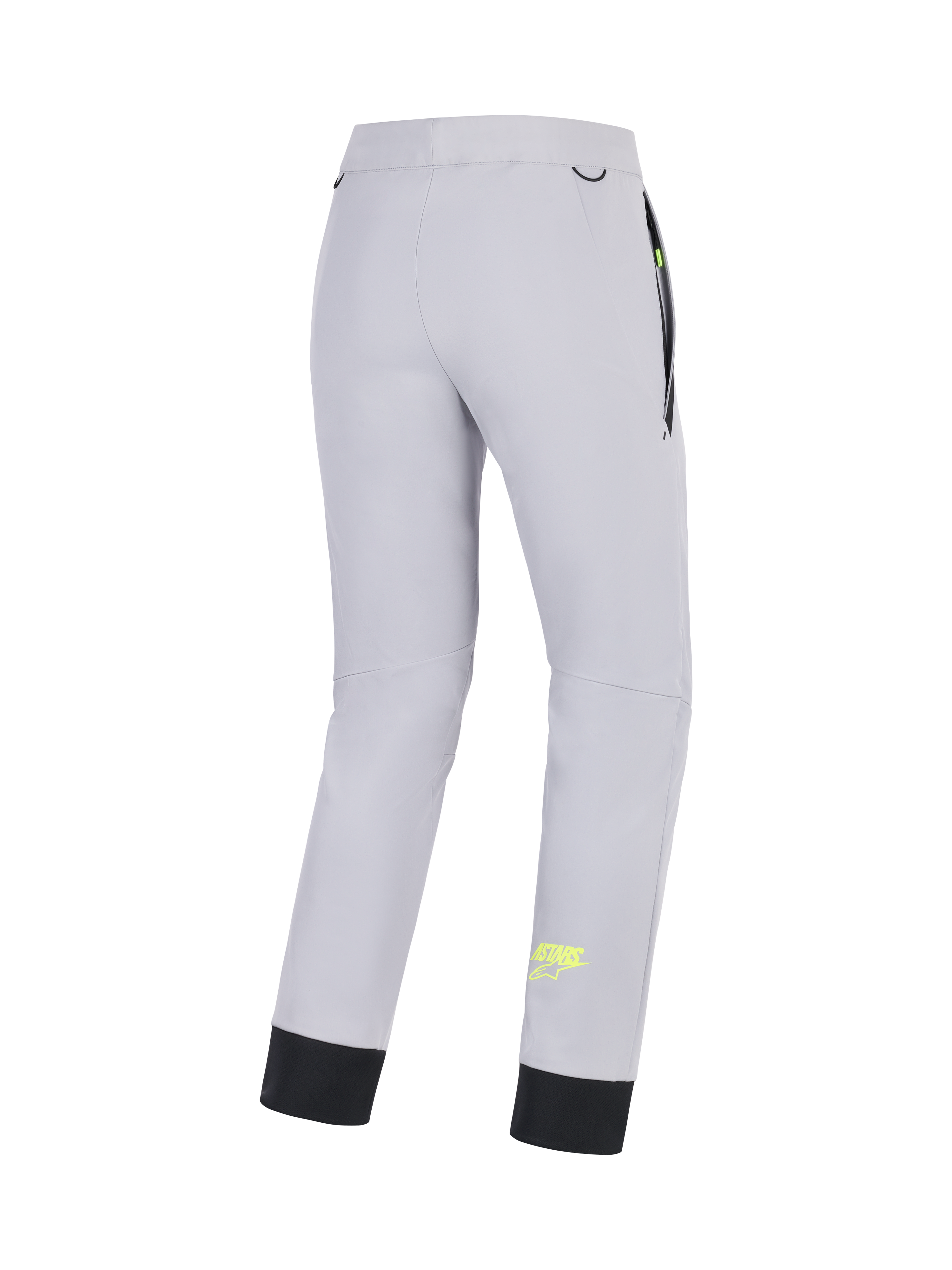 Alpinestars Calças Aeroshell, calças de moto softshell para homem, cinzentas com detalhes em amarelo fluo, vista traseira mostrando construção elástica e bainha inferior elástica