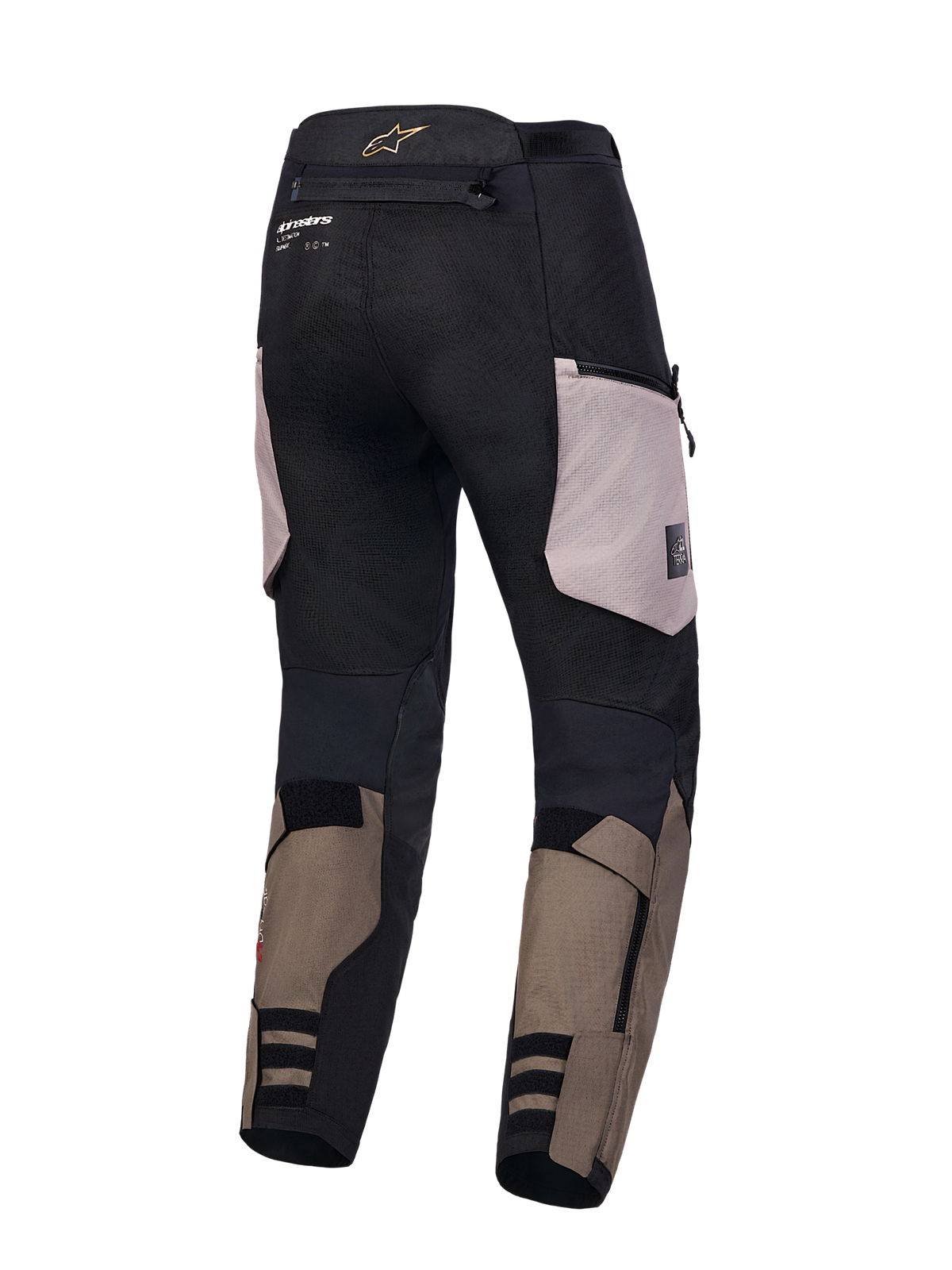 Alpinestars Harok V 2 Drystar, calças de moto touring para aventura, vista traseira, alumínio, cor castanha e pretas, certificadas CE, construção durável em ripstop com bolsos cargo e design impermeável