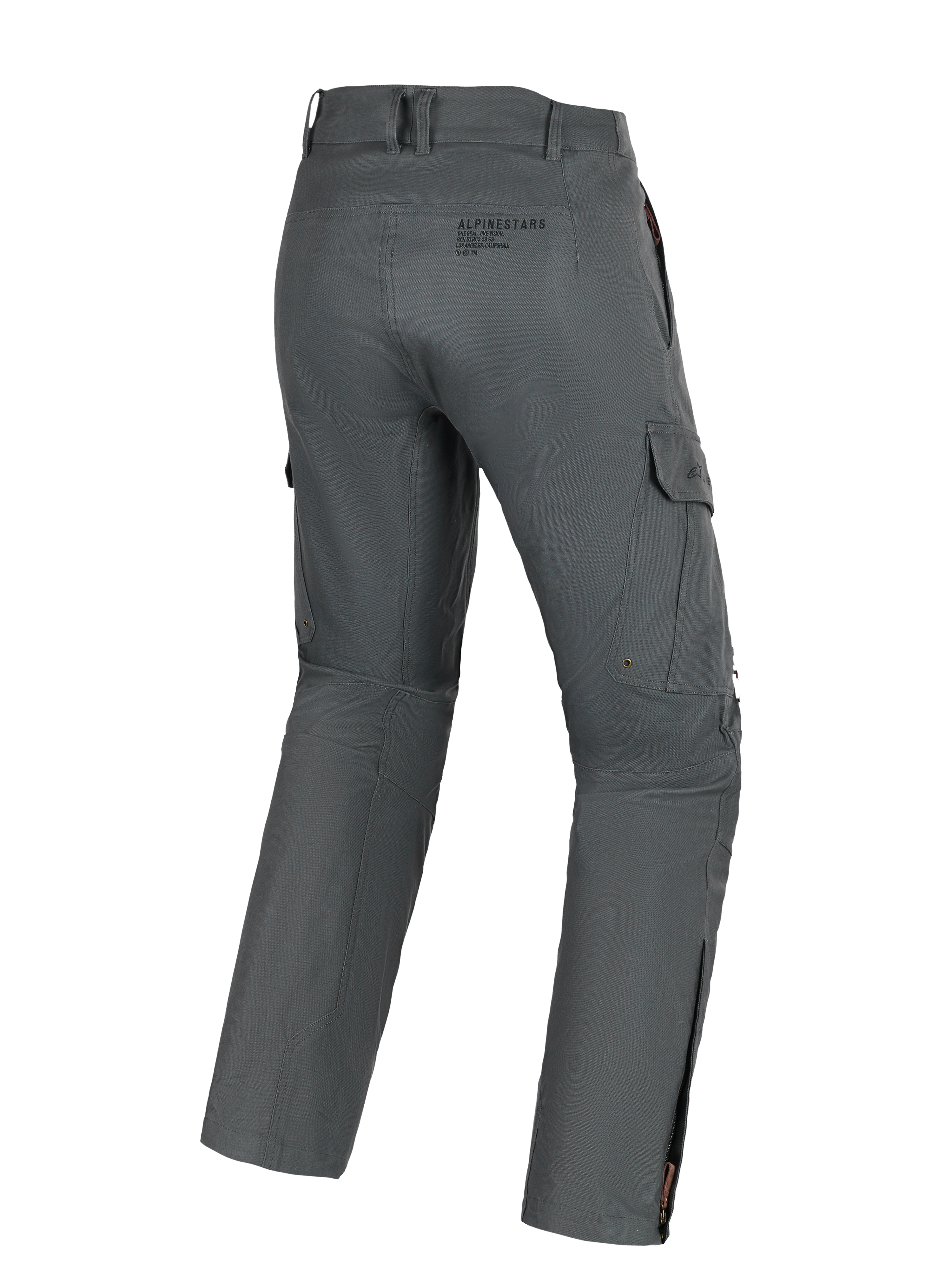 Calças Alpinestars Borrego Drystar®, calças de motociclismo de aventura, cinzento antracite, vista traseira mostrando bolsos de carga, logótipo traseiro e fechos nas panturrilhas, material têxtil durável com aspeto de lona encerada