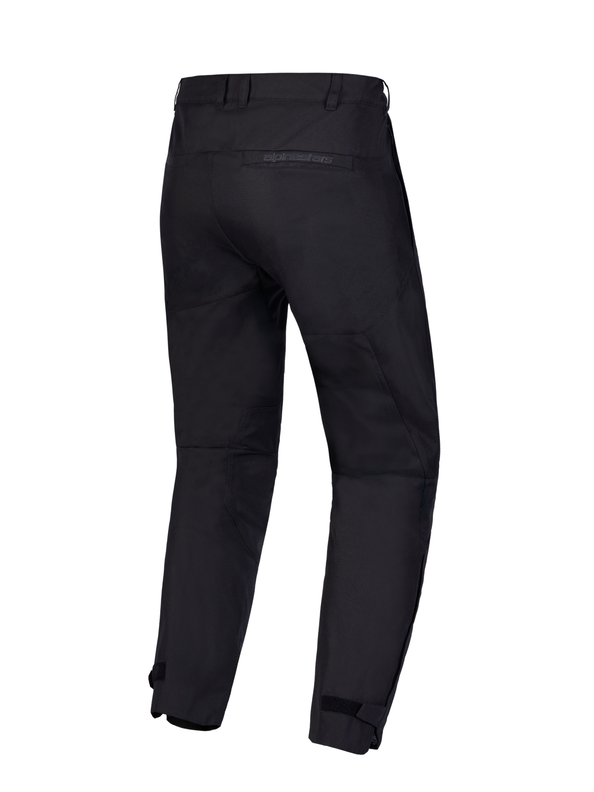 Alpinestars C-1 Waterproof, calças de moto urbanas pretas, vista traseira mostrando construção em poliéster durável, presilhas para cinto e bolso traseiro com branding Alpinestars