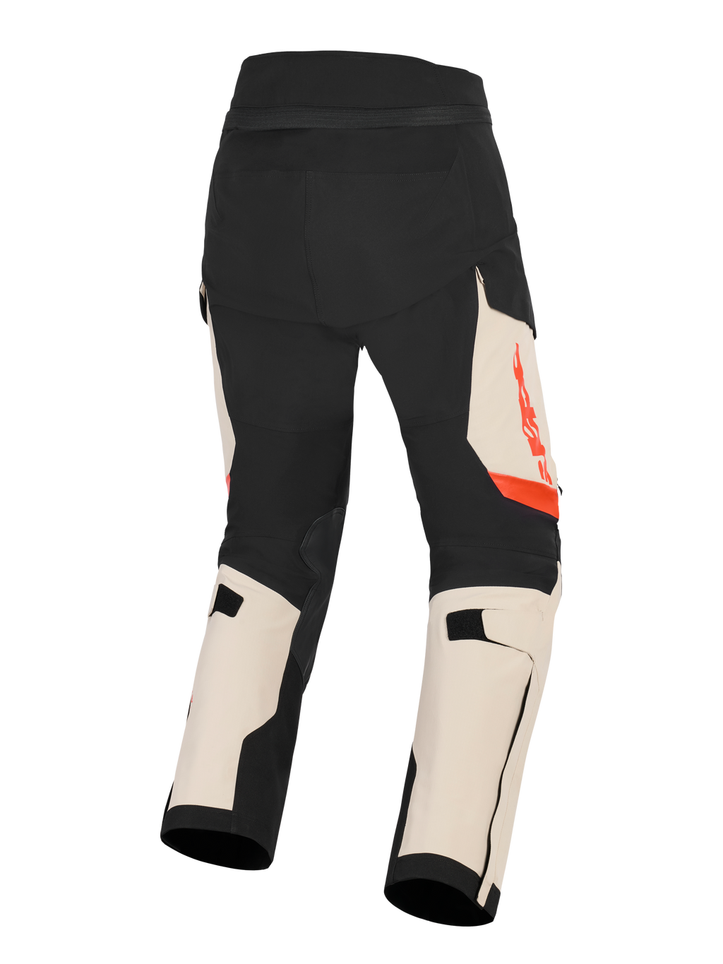 Alpinestars Harok Pro Drystar® XF Laminated Pants, adventure motorcycle touring pants, men's textile trousers, Mastic Black and beige with red accents, rear view showing 3L stretch ripstop construction and CE-certified protection features