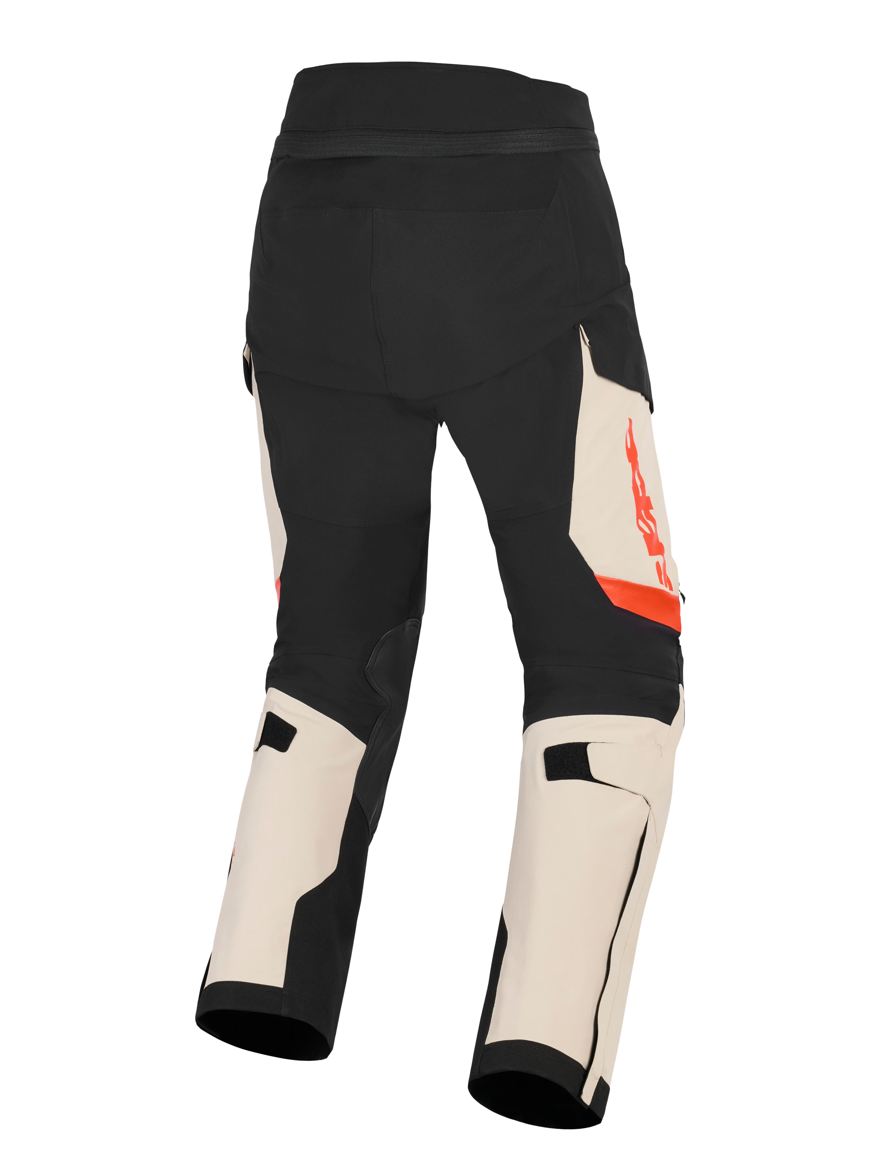 Alpinestars Harok Pro Drystar® XF Laminated Pants, adventure motorcycle touring pants, men's textile trousers, Mastic Black and beige with red accents, rear view showing 3L stretch ripstop construction and CE-certified protection features