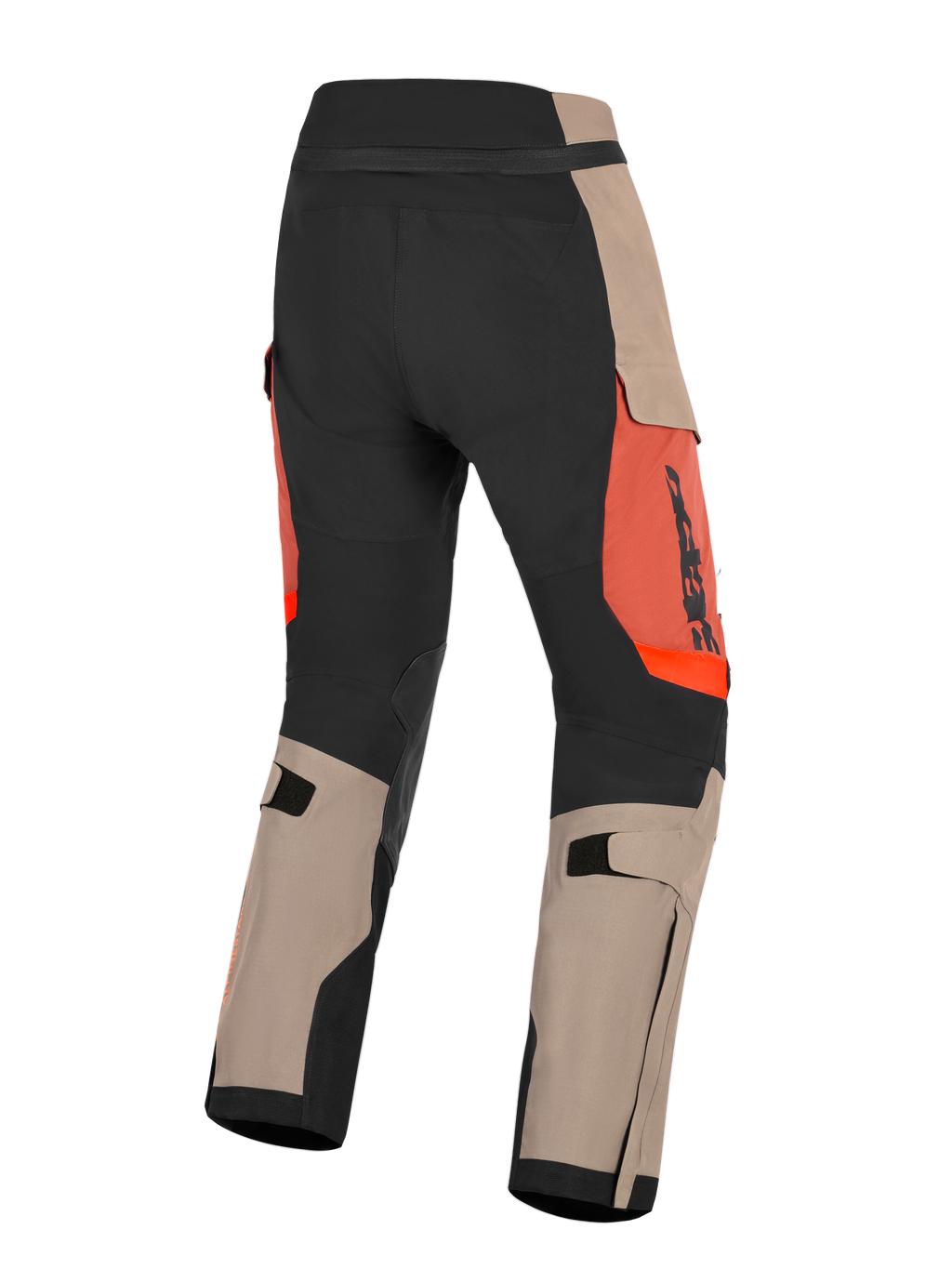 Alpinestars Halo Pro Drystar® XF Laminated Pants, vista traseira de calças de motociclismo de aventura, painéis em tom nogueira e preto com pormenores em cor de ferrugem, ajustadores de panturrilha, construção durável para condução em todos os terrenos