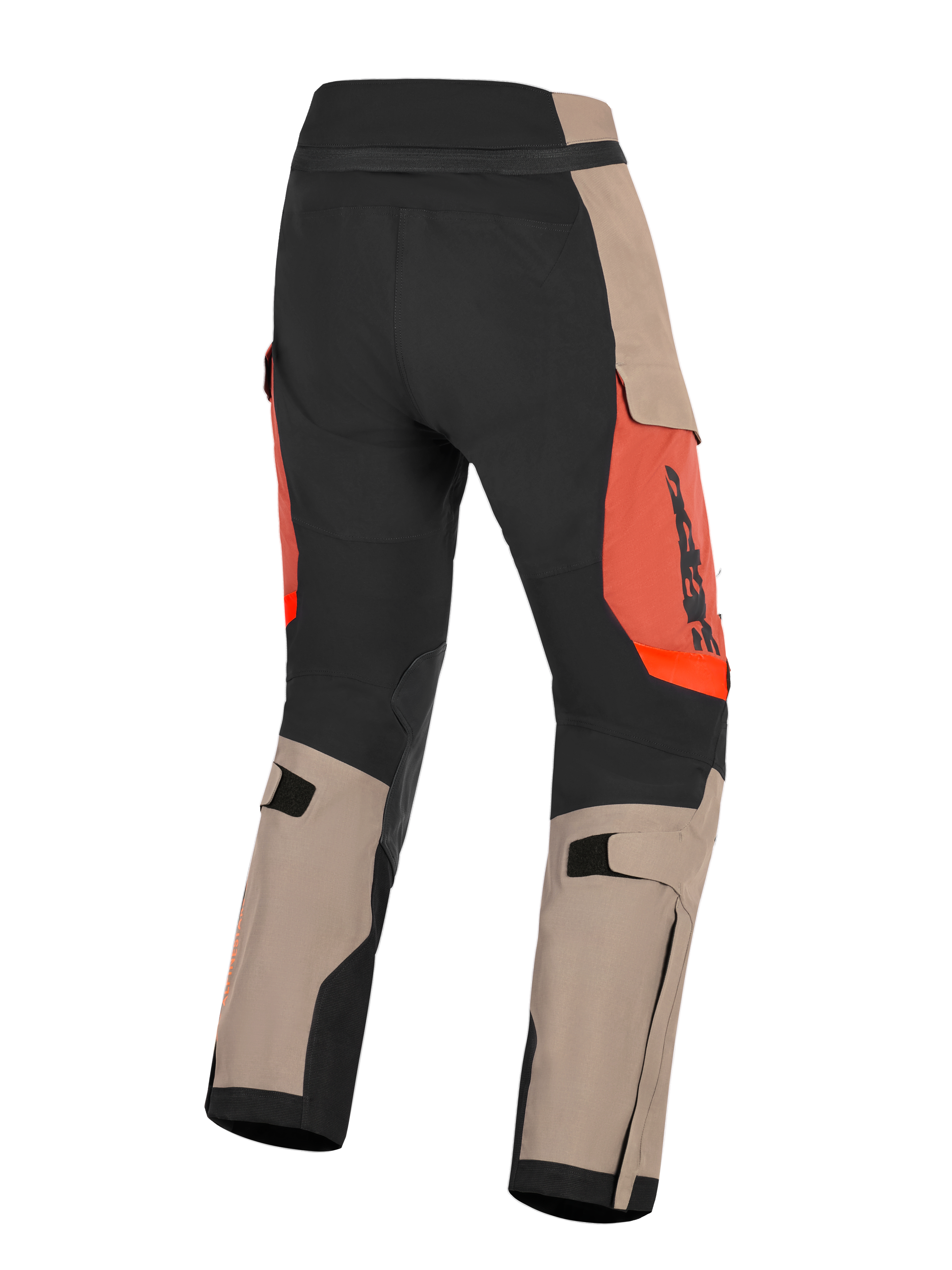 Alpinestars Halo Pro Drystar® XF Laminated Pants, vista traseira de calças de motociclismo de aventura, painéis em tom nogueira e preto com pormenores em cor de ferrugem, ajustadores de panturrilha, construção durável para condução em todos os terrenos