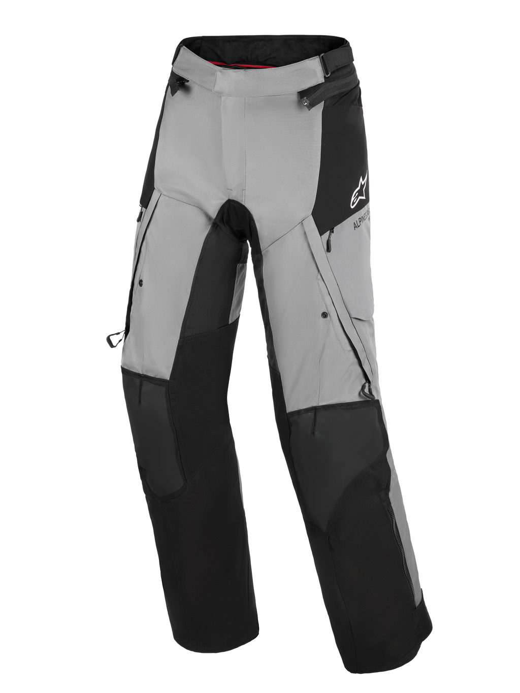 Alpinestars Andes V4 Drystar® Pants, calças de motociclismo de aventura, pretas e cinzento escuro, com painéis reforçados pretos nos joelhos e canelas, aberturas de ventilação com fecho nas coxas e bolsos cargo, logótipo Alpinestars branco na anca, concebidas para condução em estrada e aventura em todas as condições meteorológicas.