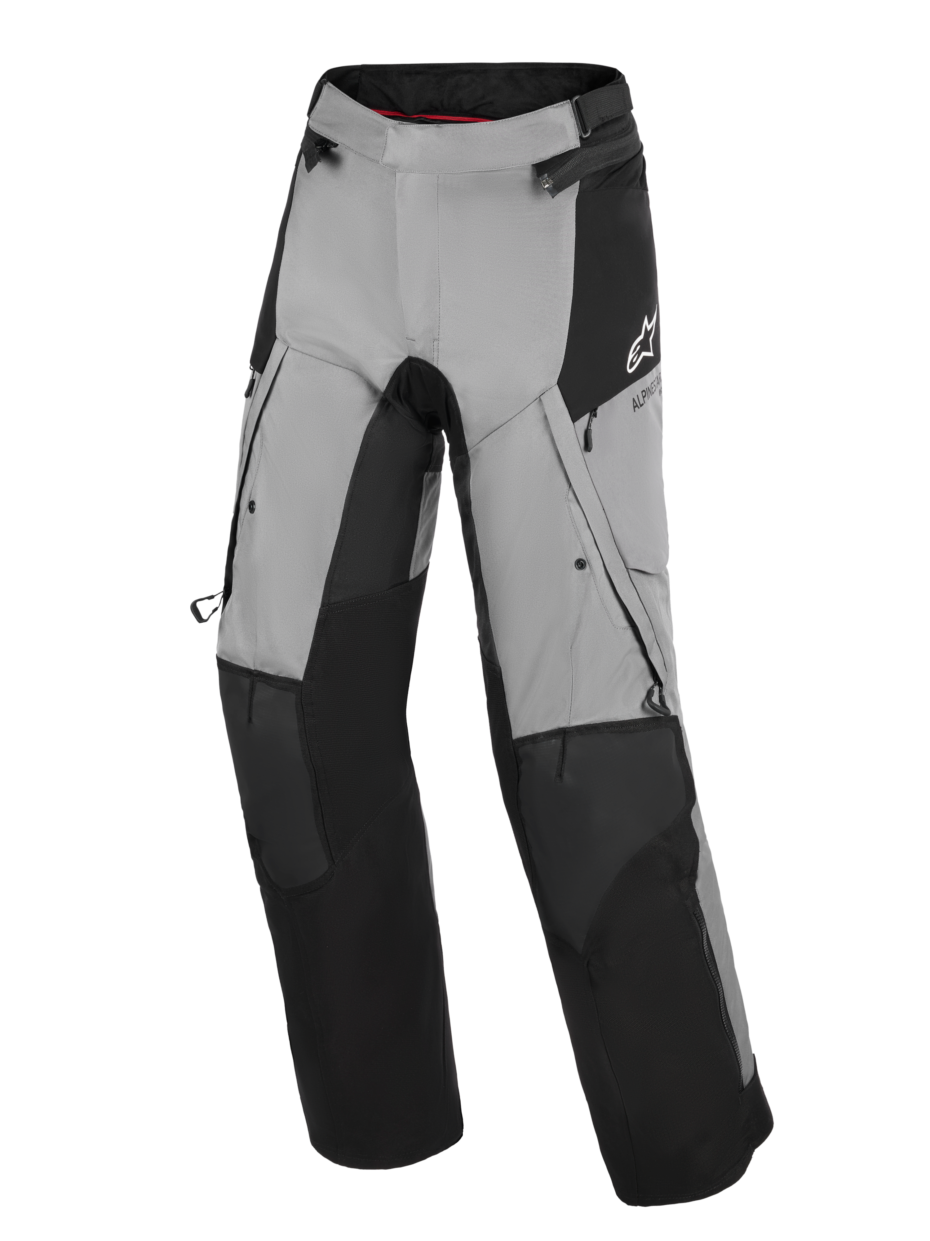Alpinestars Andes V4 Drystar® Pants, calças de motociclismo de aventura, pretas e cinzento escuro, com painéis reforçados pretos nos joelhos e canelas, aberturas de ventilação com fecho nas coxas e bolsos cargo, logótipo Alpinestars branco na anca, concebidas para condução em estrada e aventura em todas as condições meteorológicas.