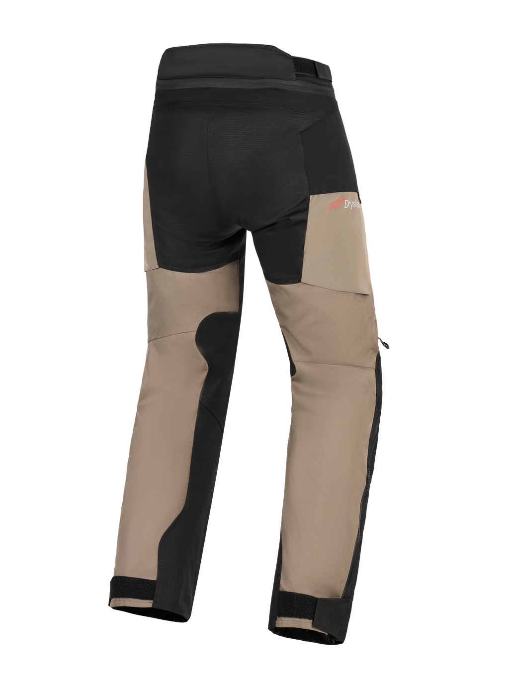 Alpinestars Andes V4 Drystar® Pants, calças de motociclismo Adventure, nogueira e preto, vista traseira com painéis reforçados no assento e na parte interna das pernas, logótipo Drystar vermelho e punhos dos tornozelos ajustáveis.