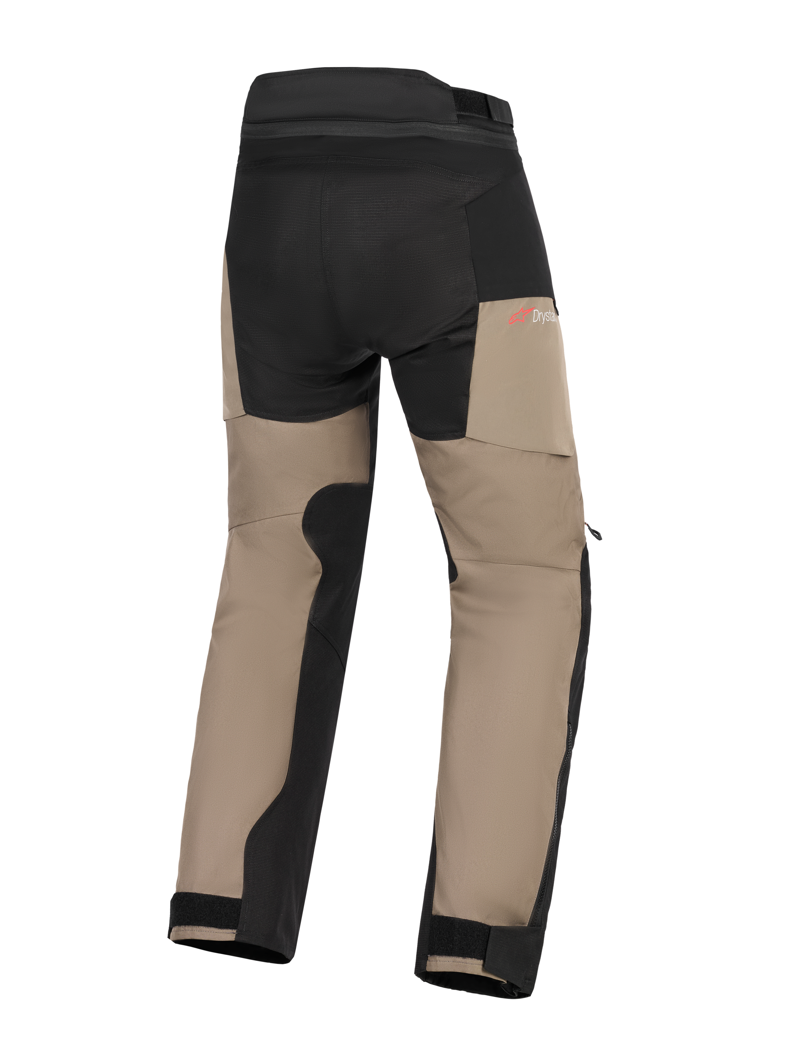 Alpinestars Andes V4 Drystar® Pants, calças de motociclismo Adventure, nogueira e preto, vista traseira com painéis reforçados no assento e na parte interna das pernas, logótipo Drystar vermelho e punhos dos tornozelos ajustáveis.