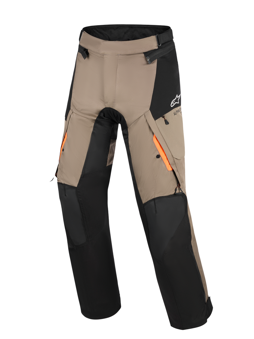 Calças Alpinestars Andes V4 Drystar®, calças de touring e aventura, em nogueira e preto, com detalhes em laranja nas aberturas de ventilação das coxas, painéis reforçados nos joelhos e bolsos cargo resistentes à água.