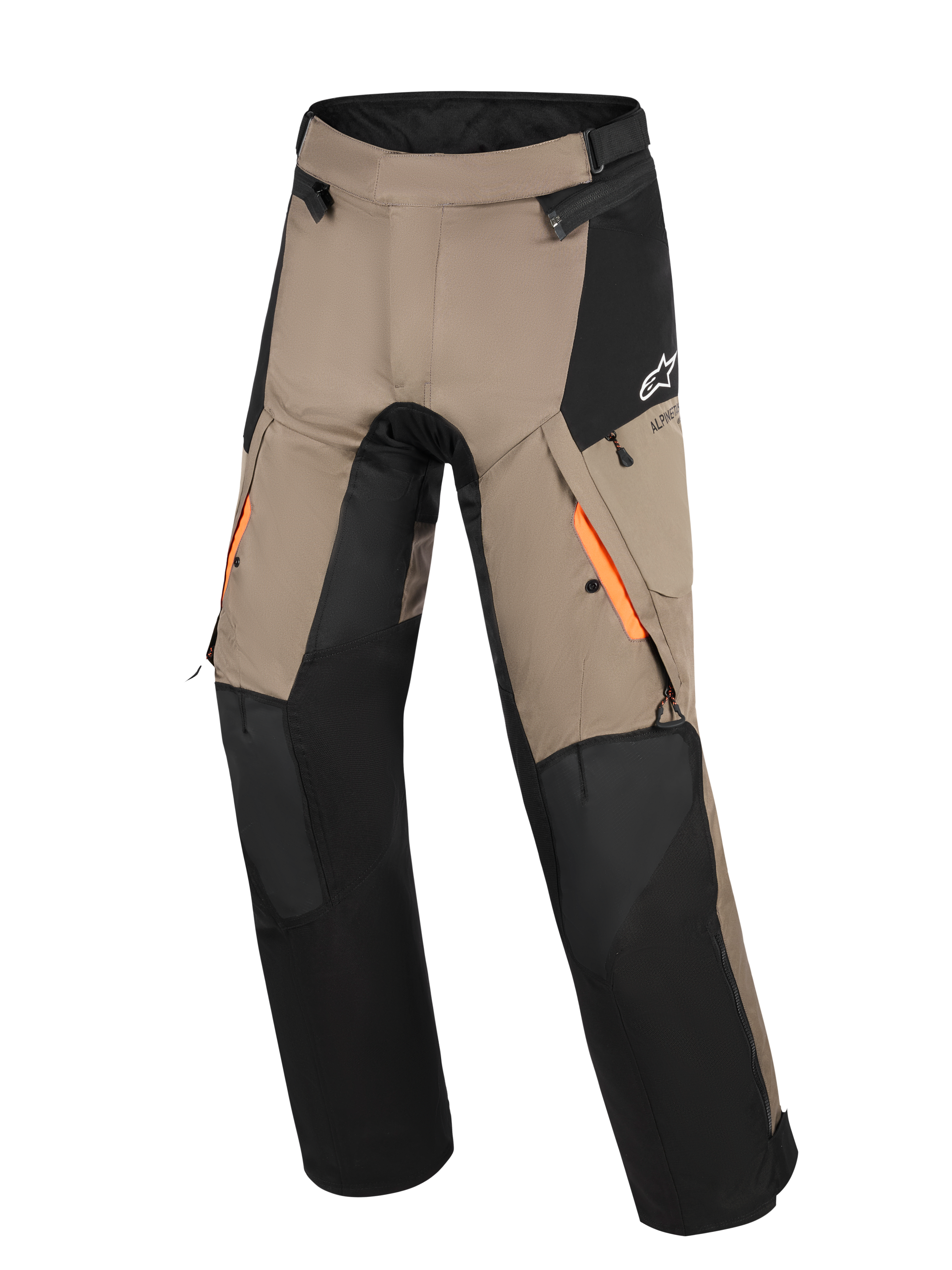 Calças Alpinestars Andes V4 Drystar®, calças de touring e aventura, em nogueira e preto, com detalhes em laranja nas aberturas de ventilação das coxas, painéis reforçados nos joelhos e bolsos cargo resistentes à água.