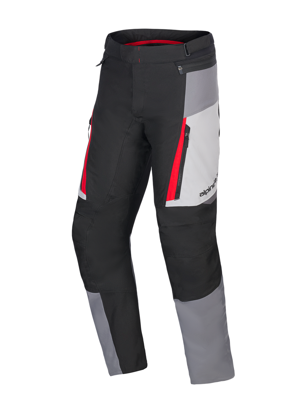 Alpinestars Honda ST-1 Waterproof Pants, Motorcycle Touring Pants, Ice Gray, Dark Gray and Black with Red Accents, technical textile construction with waterproof liner, zippered cargo pockets, and ergonomic pre-curved legs