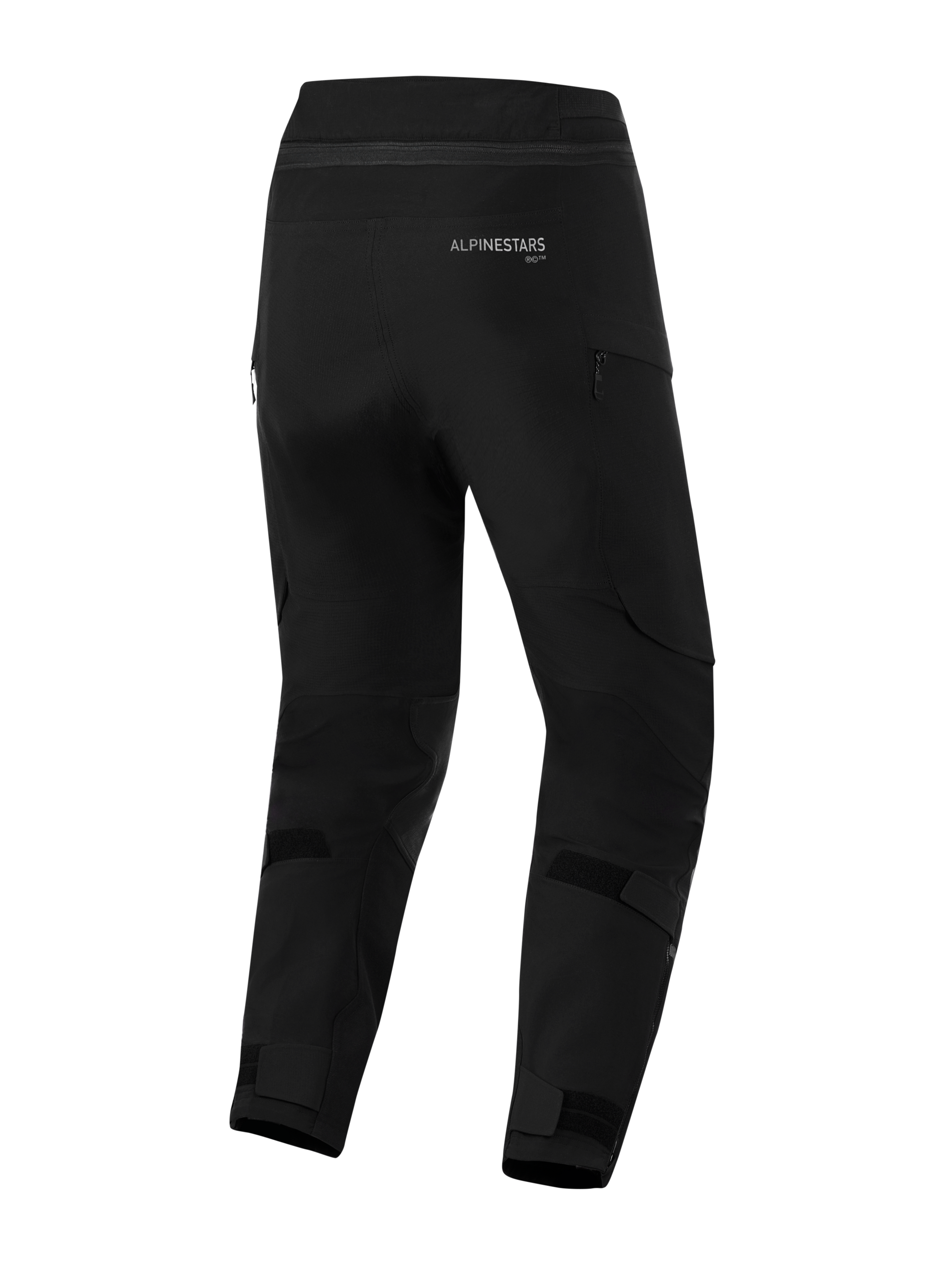 Calças Alpinestars Andes Pro Drystar® XF, Pretas, vista traseira, calças de motociclismo de aventura com a marca Alpinestars na parte superior traseira, tiras de velcro ajustáveis nos gémeos e tornozelos, fecho de correr de ligação casaco-calças e bolsos de anca com fecho, concebidas para proteção touring em todas as estações