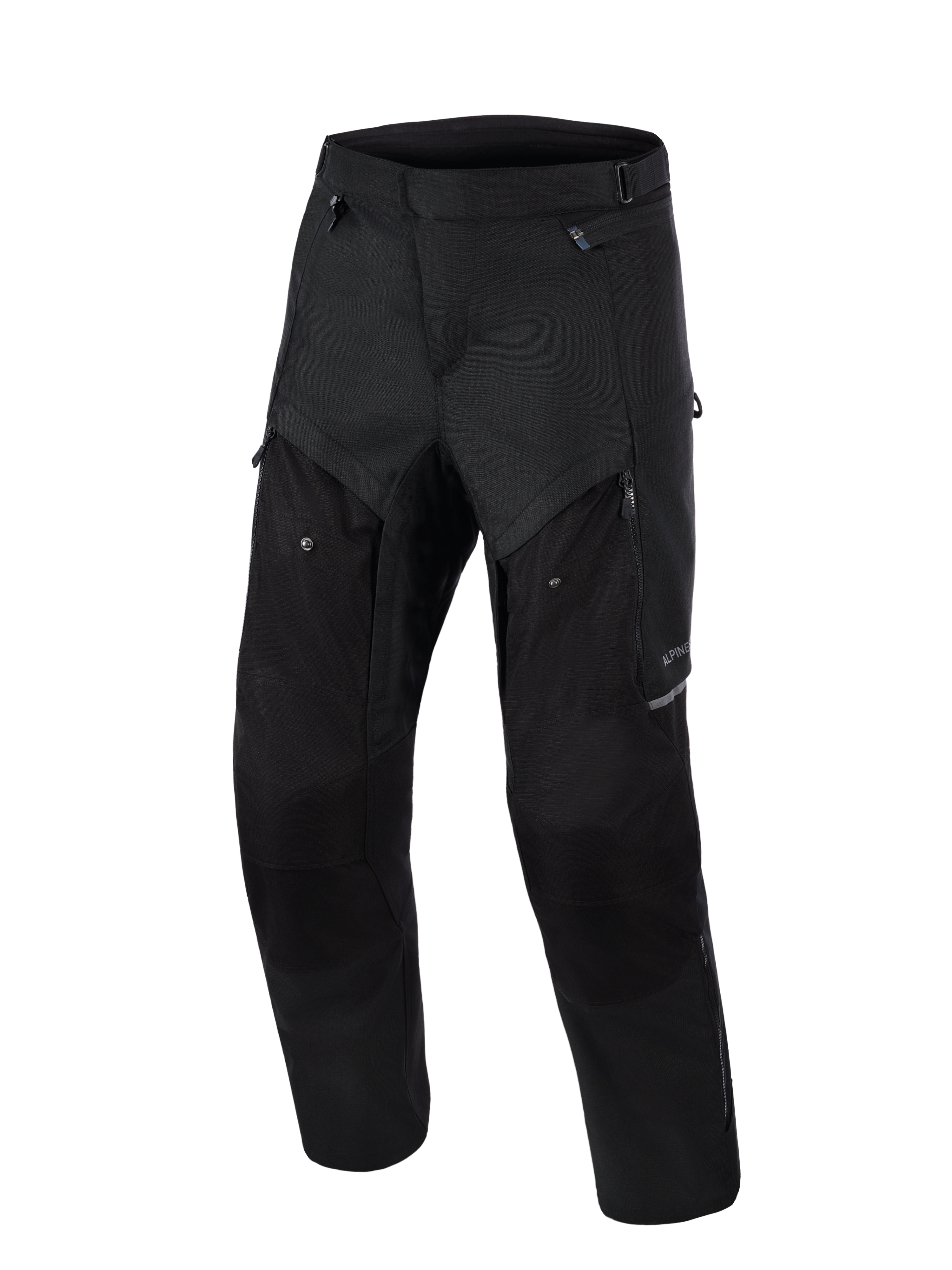 Alpinestars Cusco Drystar® Pants, Adventure Motorcycle Pants, Black, front view, featuring zippered thigh ventilation panels, durable textile ripstop construction, and ergonomic design for road and adventure touring