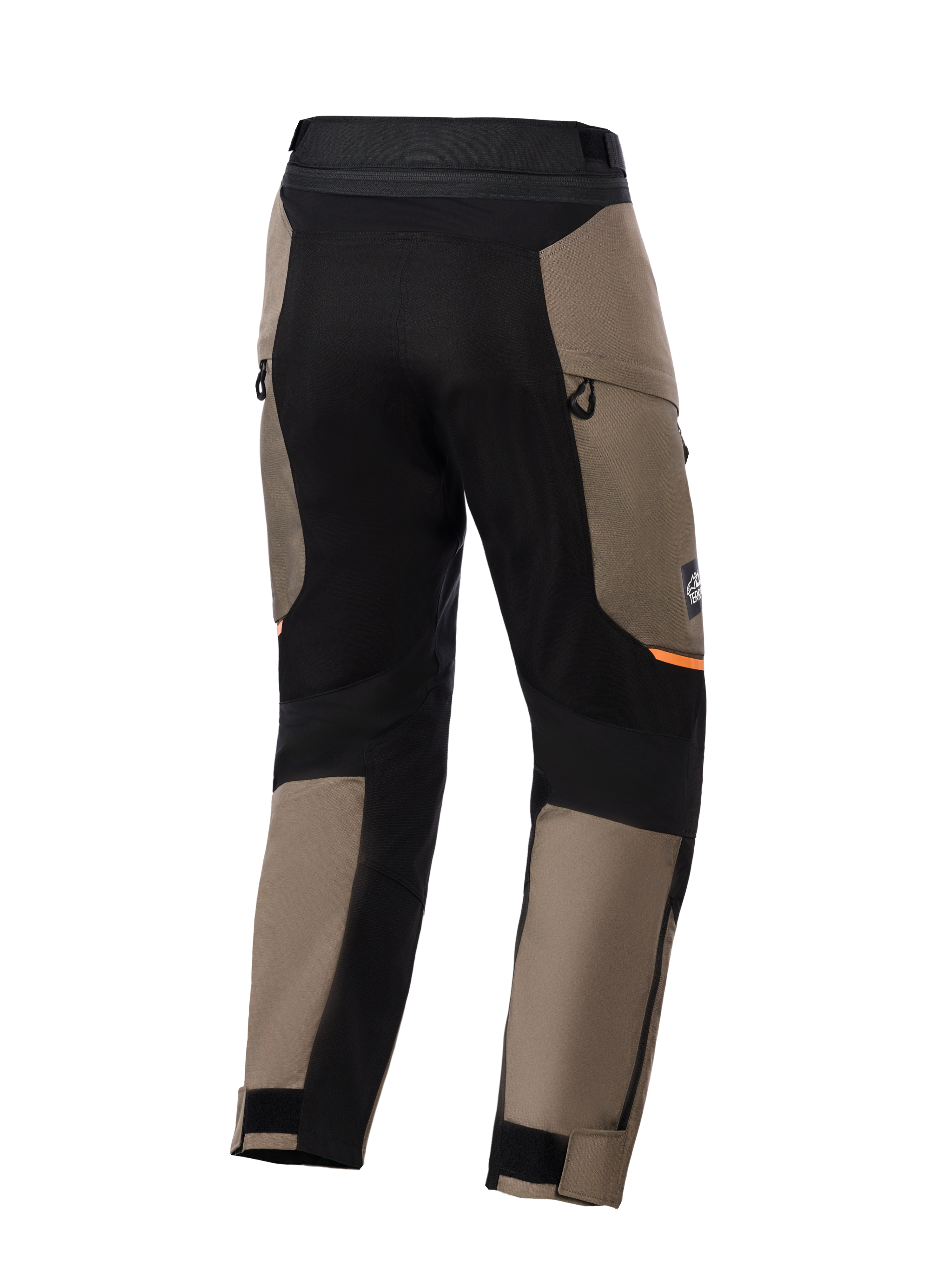 Alpinestars Cusco Drystar® Pants, calças de motociclismo de aventura, castanho e preto, vista traseira com painéis elásticos pretos, detalhes laranja, aberturas de ventilação com fecho de correr e bainhas ajustáveis com velcro para condução em estrada.