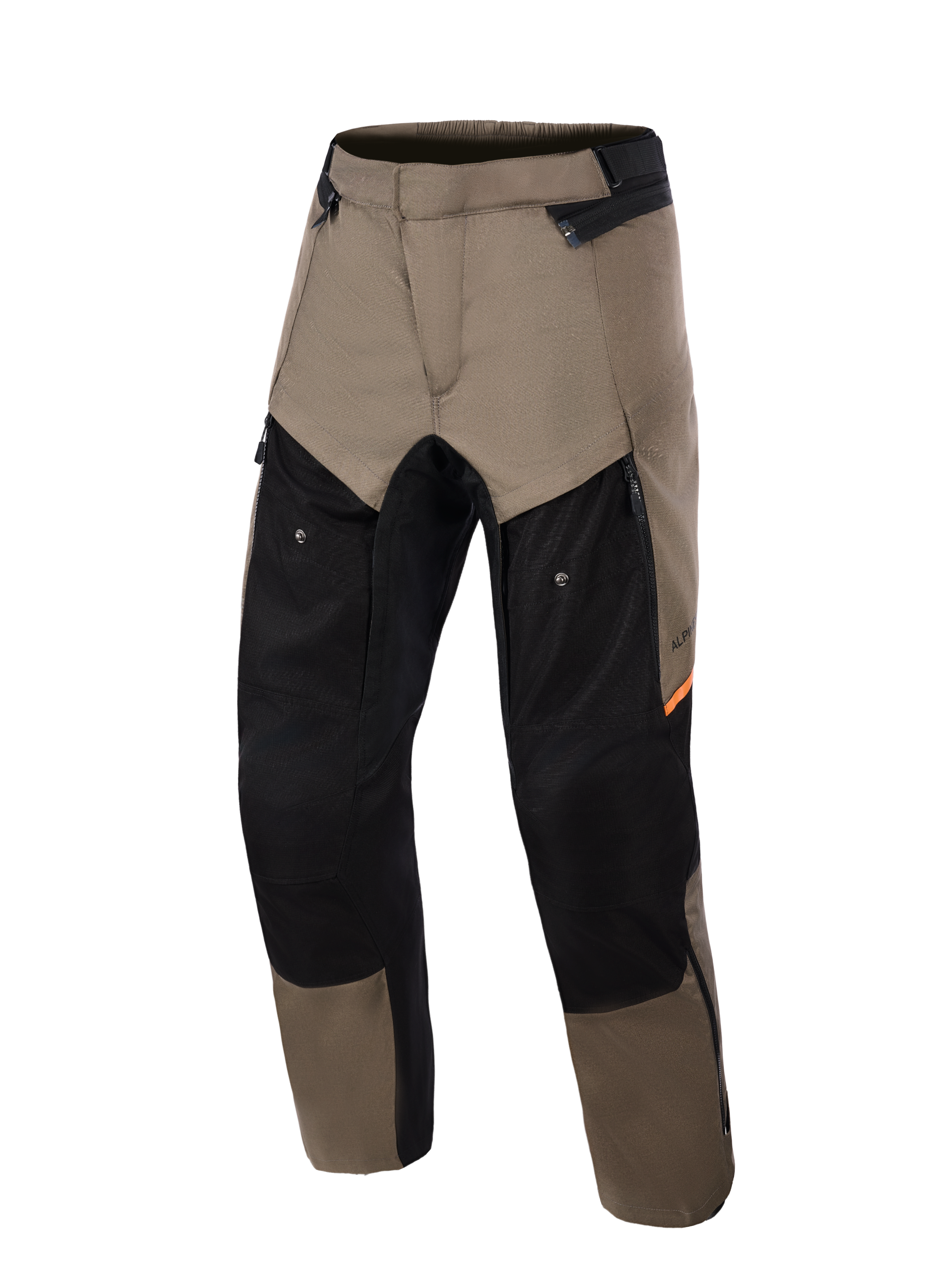 Alpinestars Cusco Drystar® Pants, calças de motociclismo de aventura Walnut Black, vista frontal, com painéis castanho nogueira e pretos com detalhes laranja, ampla ventilação com fecho nas coxas e construção têxtil durável.
