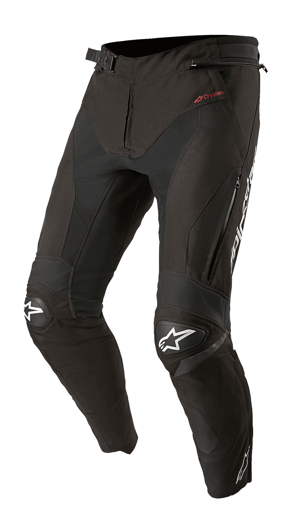 Alpinestars T-SP R Drystar Pants, calças têxteis de motociclismo sport-touring pretas, com joelheiras reforçadas e logótipos de estrela brancos, marca Drystar vermelha na anca, aberturas de ventilação com fecho nas coxas e cintura ajustável com fivela, com ajuste articulado inspirado na competição