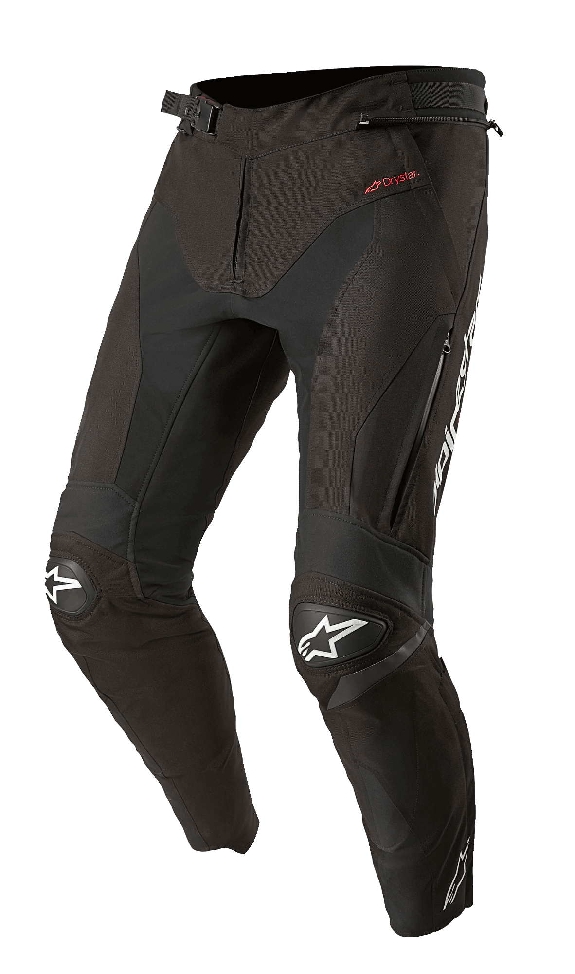 Alpinestars T-SP R Drystar Pants, calças têxteis de motociclismo sport-touring pretas, com joelheiras reforçadas e logótipos de estrela brancos, marca Drystar vermelha na anca, aberturas de ventilação com fecho nas coxas e cintura ajustável com fivela, com ajuste articulado inspirado na competição