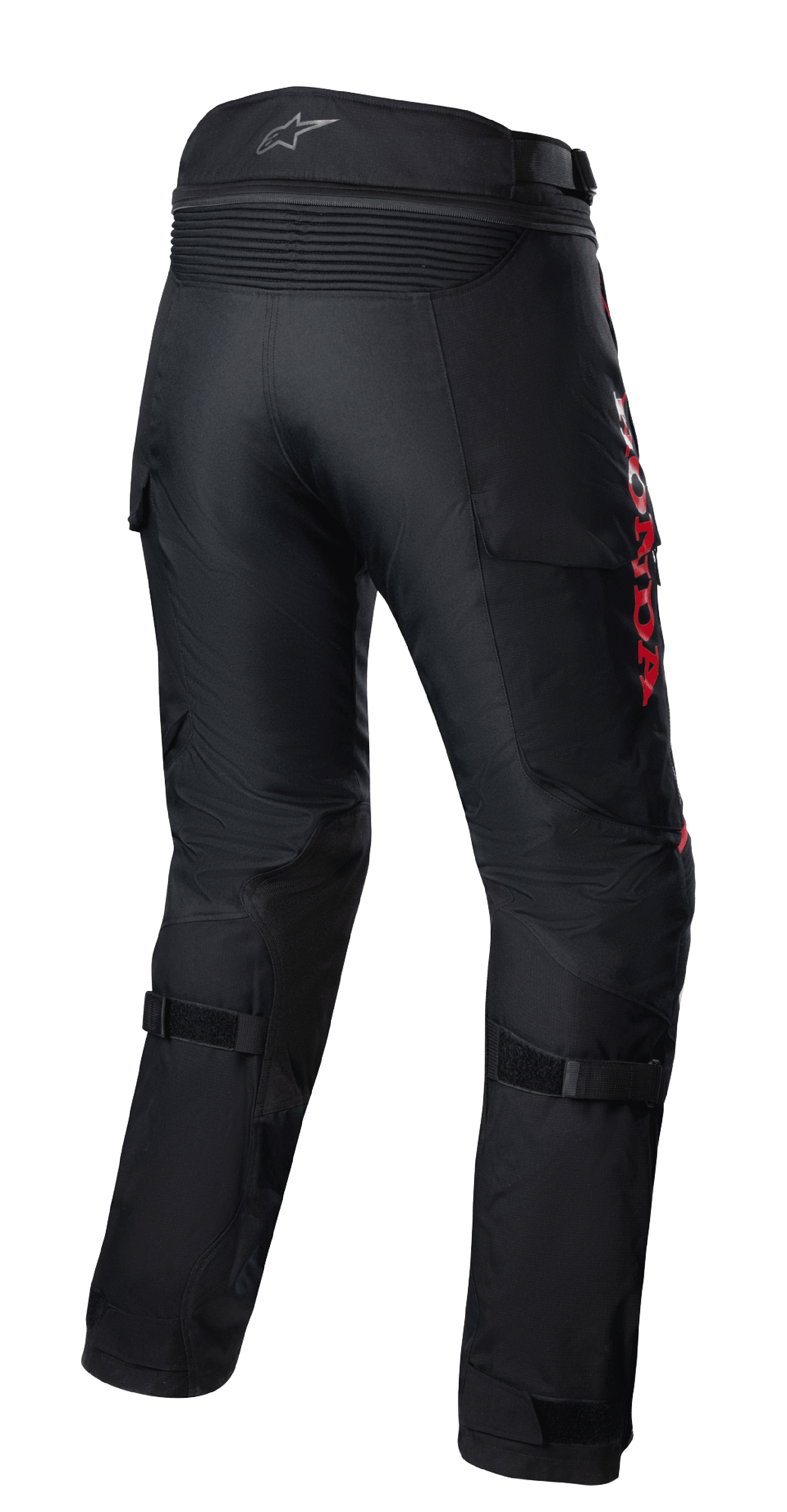 Alpinestars Honda Bogota' Pro Drystar® Pants, Adventure Motorcycle Touring Pants, Black with Red HONDA branding, back view featuring accordion stretch panels at the waist, adjustable straps on the calves, and durable textile construction for multi-season adventure riding.