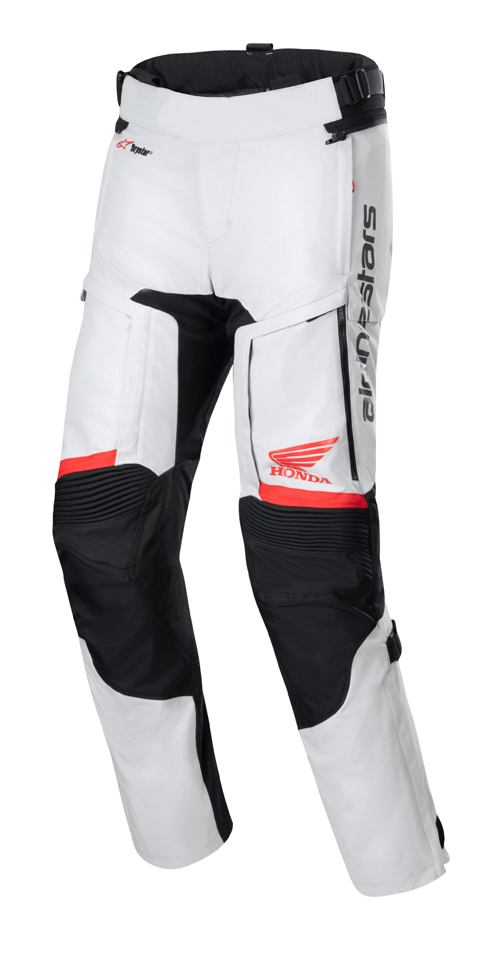 Honda Bogota' Pro Drystar® Pants, Motorcycle Touring Pants, Ice Gray and Black with Red accents, front view showing thigh ventilation panels and accordion knees, red Honda wing and Alpinestars logos, technical waterproof adventure gear