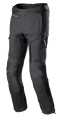 Alpinestars Bogota Pro Drystar 3 Seasons Pants, Black Motorcycle Touring Pants, featuring zippered ventilation on thighs, accordion stretch panels at knees, adjustable waist straps, and durable textile fabric with Drystar branding.